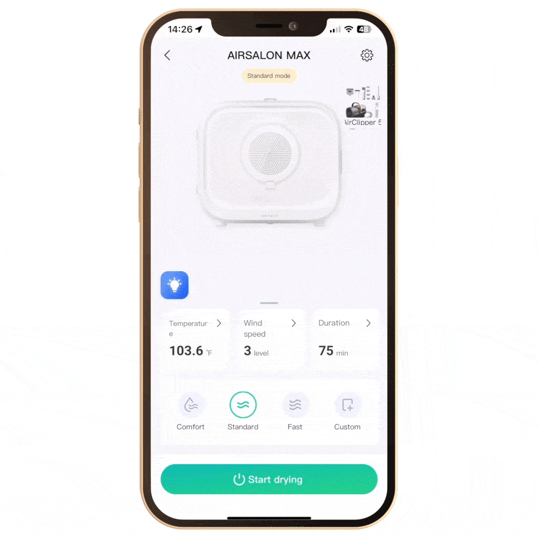 AirSalon Max Pro Pet Dryer Box showing 6 adjustable wind speeds with customizable temperature and drying duration for personalized pet comfort