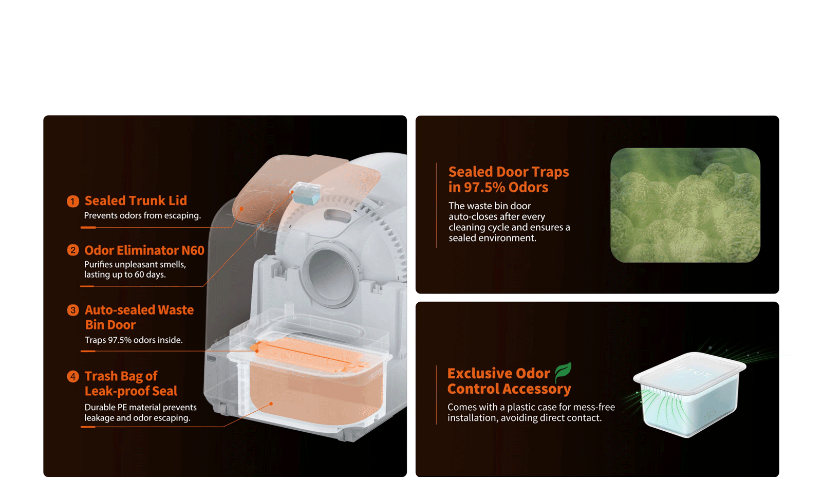 Purobot Ultra Automatic Cat Litter Box 4-stage odor control with sealed trunk lid, N60 odor eliminator, auto-sealed waste bin door, and leak-proof trash bag