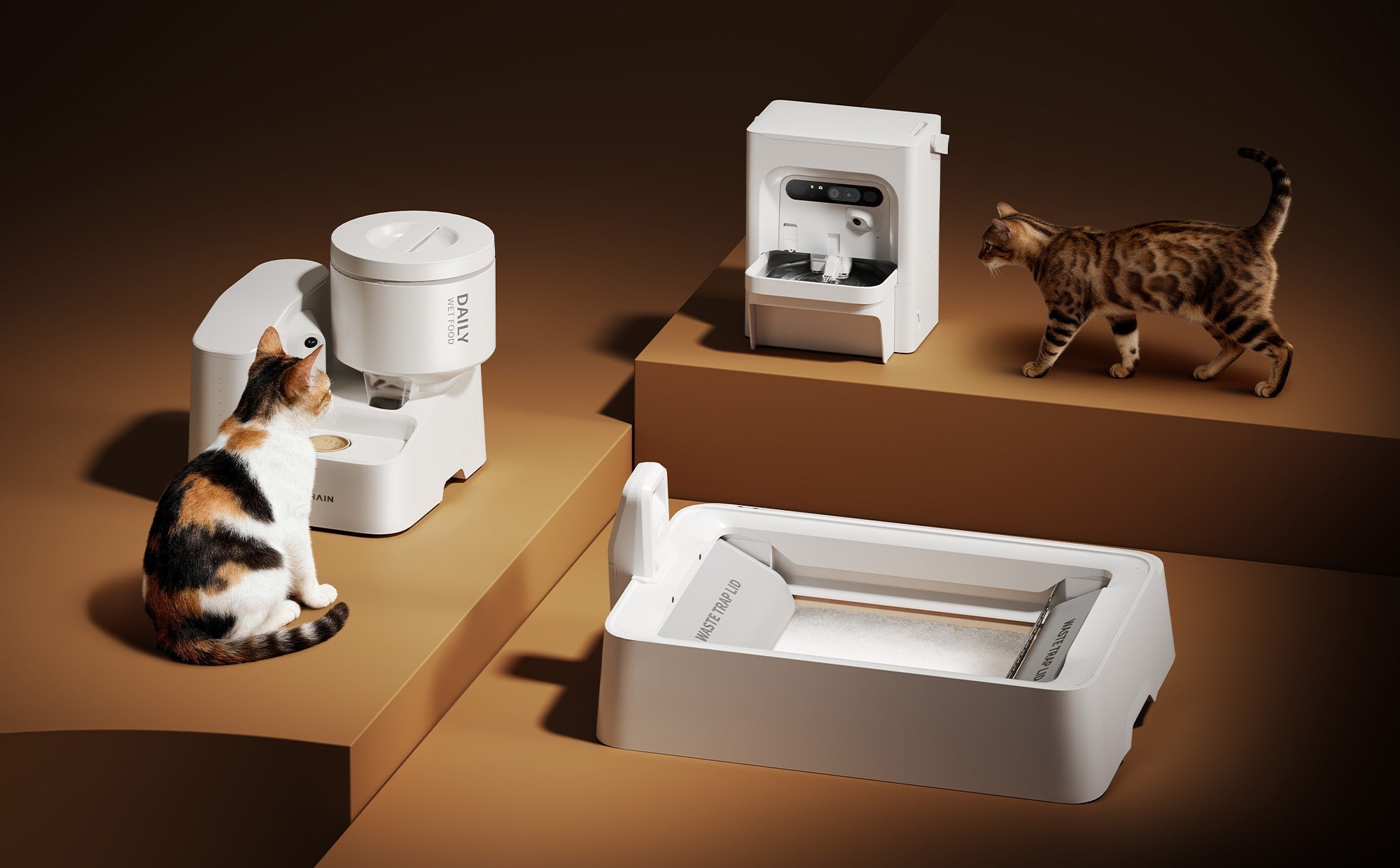 PETKIT’s EVERSWEET ULTRA Pet Water Fountain, YUMSHARE DAILY FEAST Automatic Pet Wet Food Feeder, and PUROBOT CRYSTAL DUO Automatic Litter Box showcased on the CES 2026 exhibition booth as featured new products.
