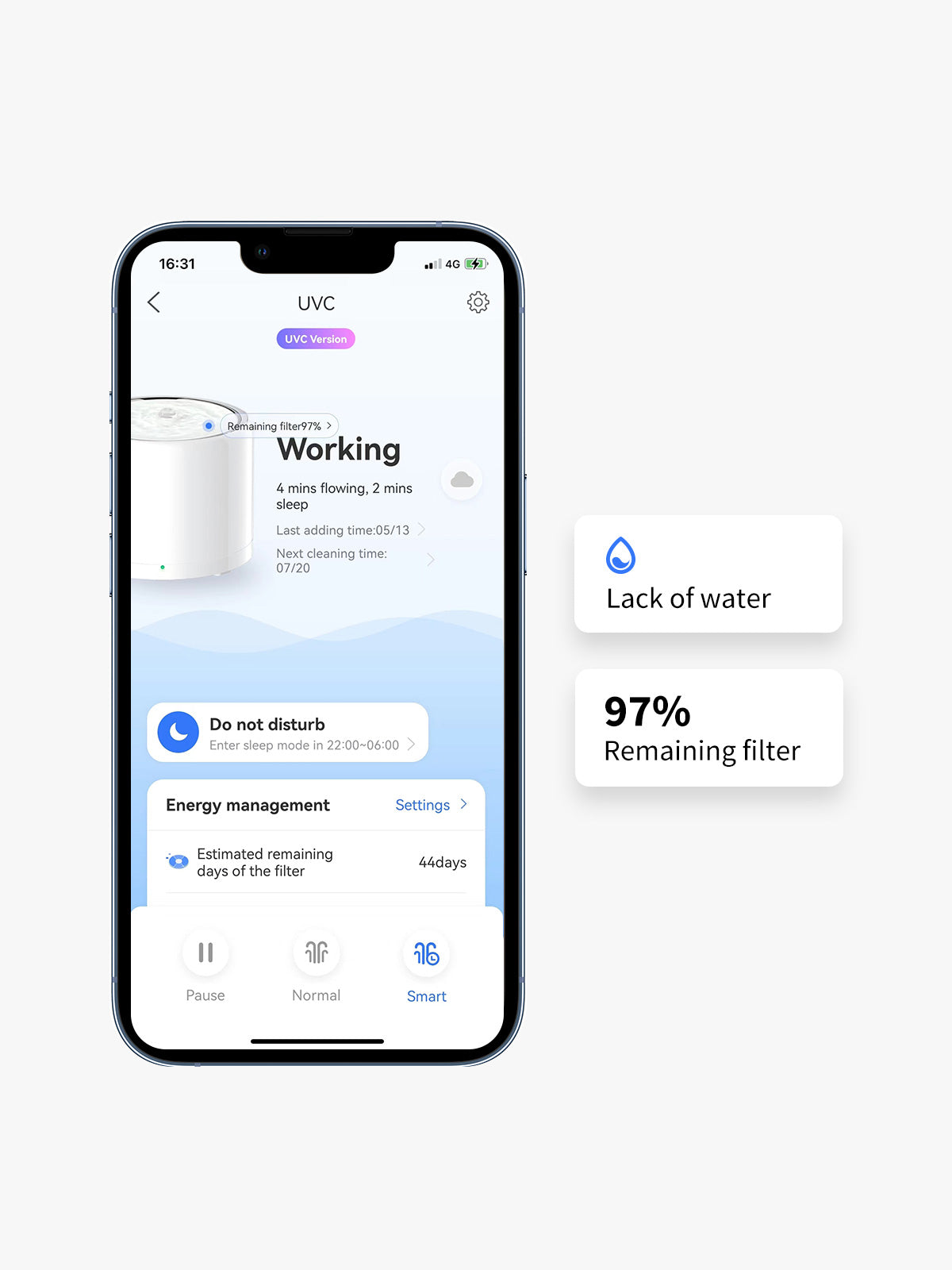 EverSweet 3 Pro UVC Pet Water Fountain app showing real-time reminders for refilling water and replacing filters