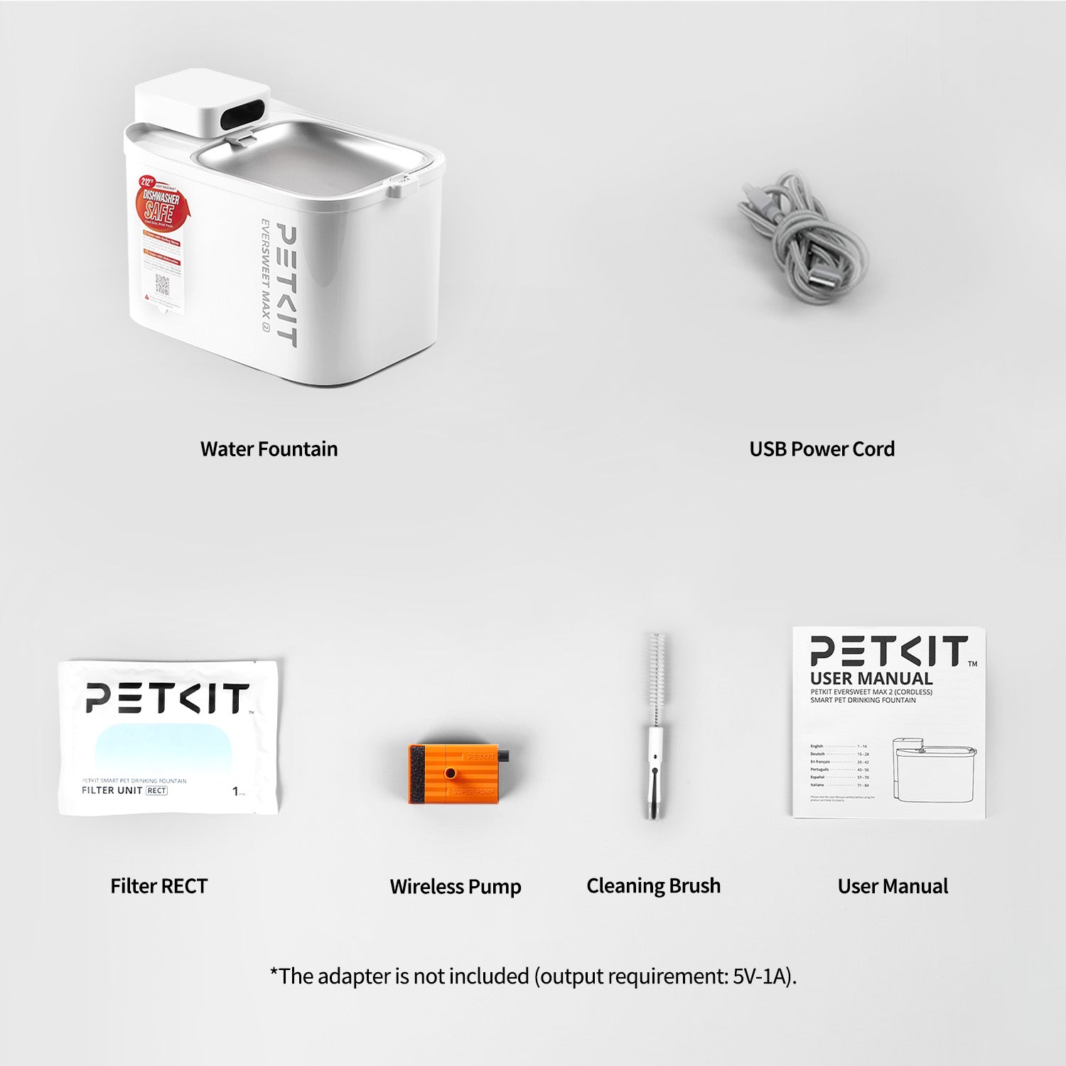 PETKIT EVERSWEET MAX 2 package contents with water fountain, USB power cord, filter RECT, wireless pump, cleaning brush, and user manual.