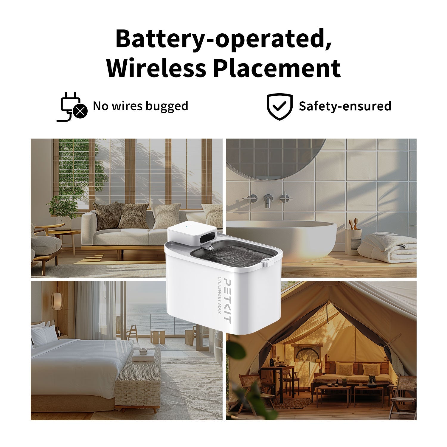 EverSweet Max Pet Water Fountain features a battery-operated design for cordless indoor placement