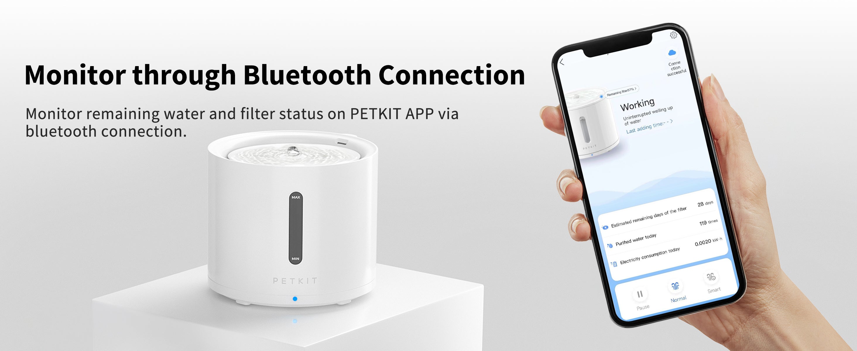 EverSweet Solo 2 Pet Water Fountain monitored through the PETKIT app via Bluetooth connection to check water level and filter status
