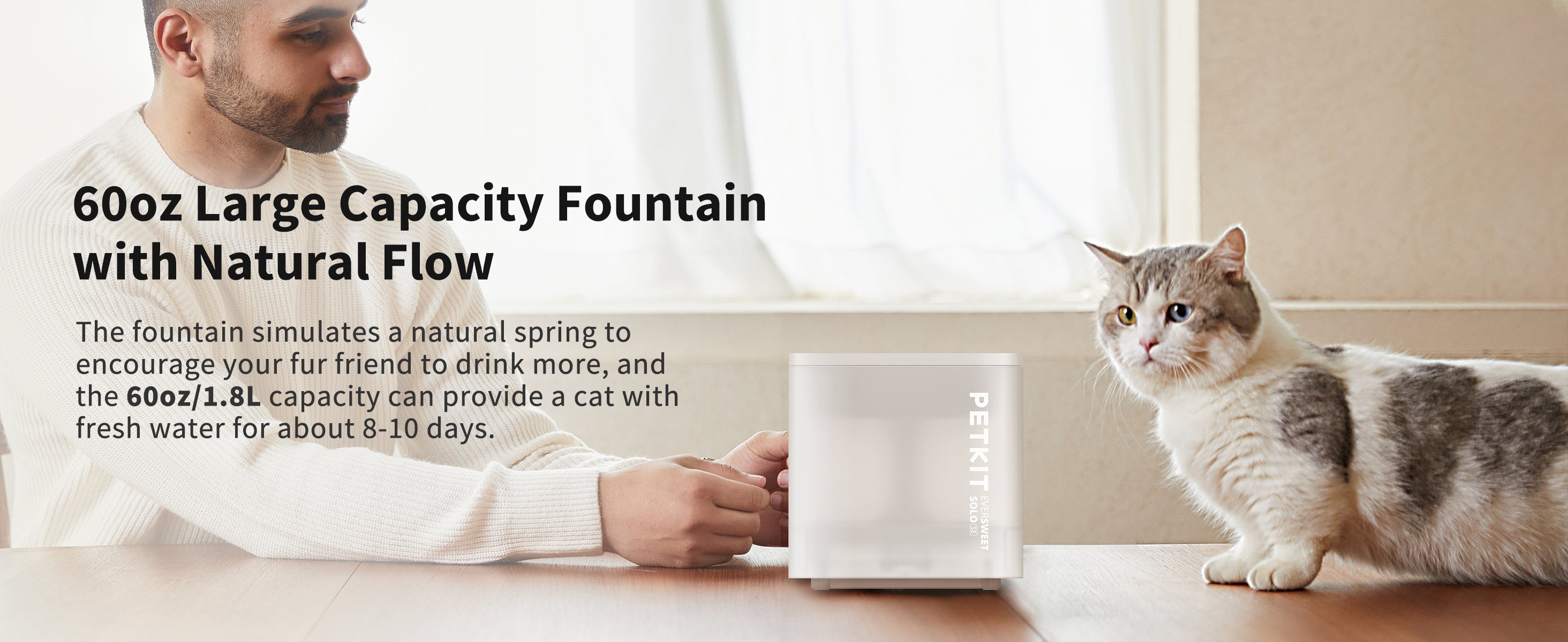 EverSweet Solo SE Pet Water Fountain providing a natural flowing water experience with a 60 ounce capacity for daily hydration