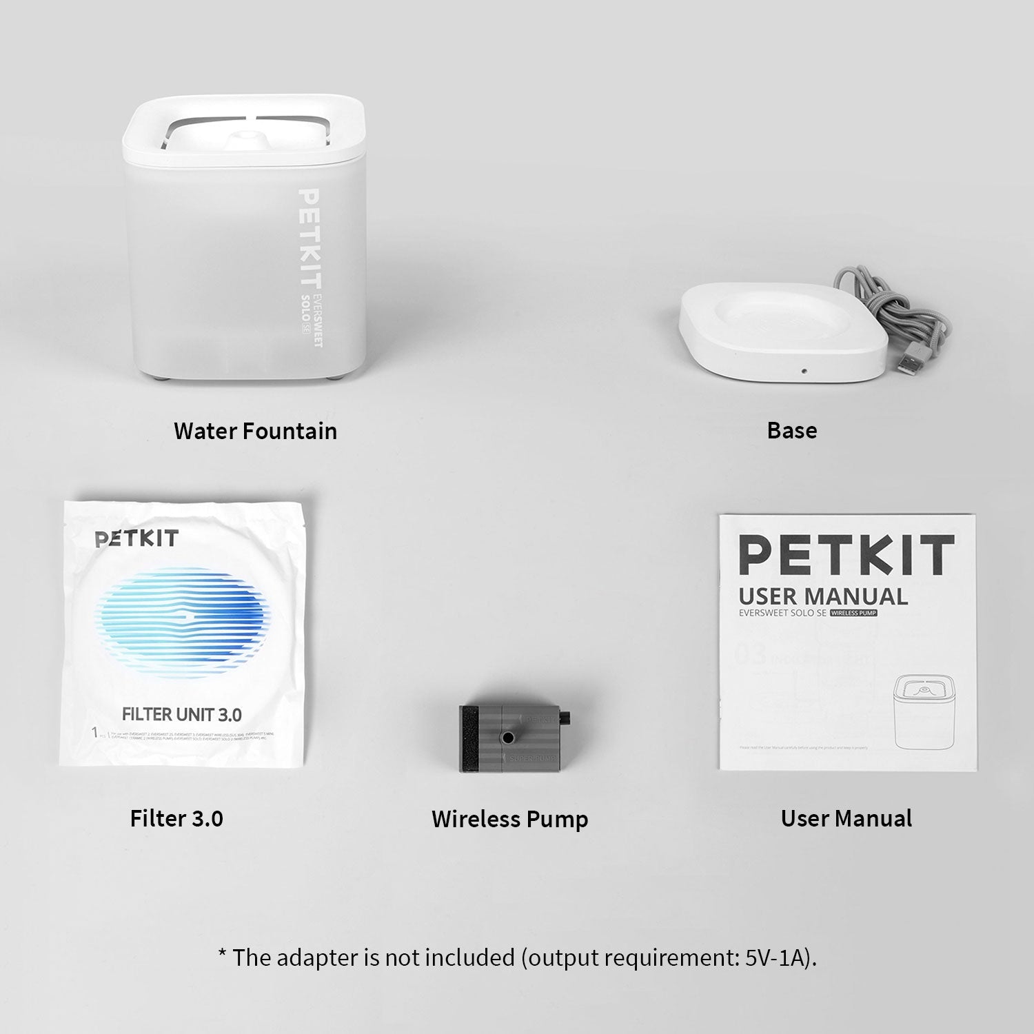 EverSweet Solo SE Pet Water Fountain package including the fountain, base, filter 3.0, wireless pump, cleaning brush, and user manual