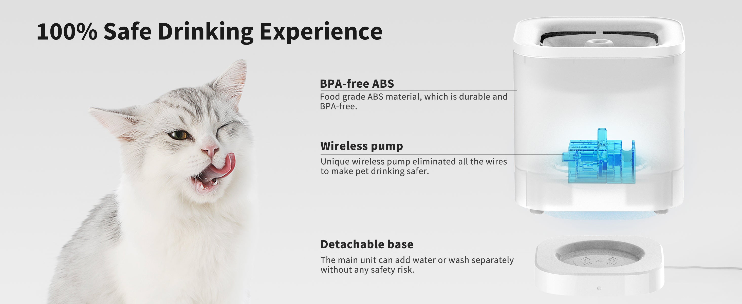 EverSweet Solo SE Pet Water Fountain showing BPA-free ABS housing, wireless pump, and detachable base for safe daily use