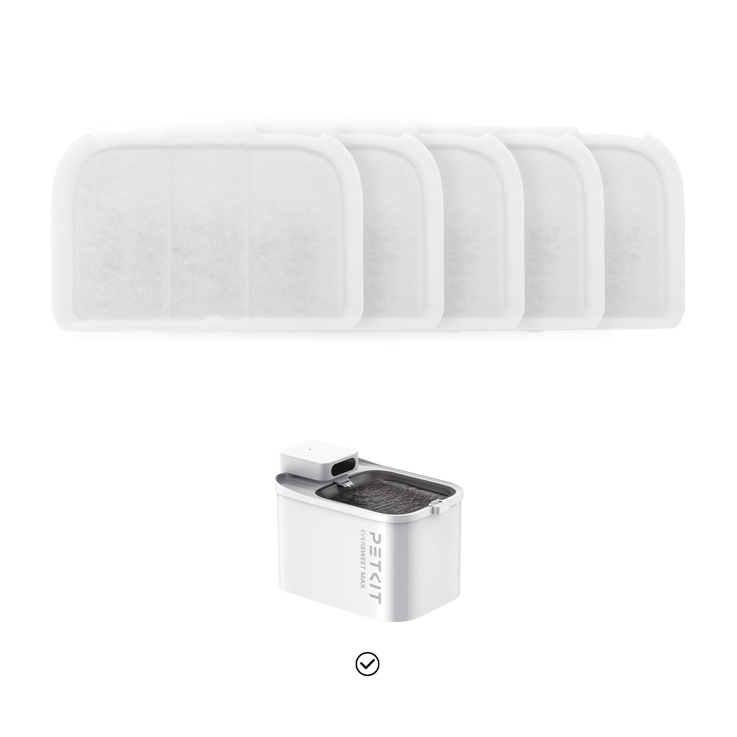 Five Filter Unit RECT replacement filters displayed with EverSweet Max Pet Water Fountain
