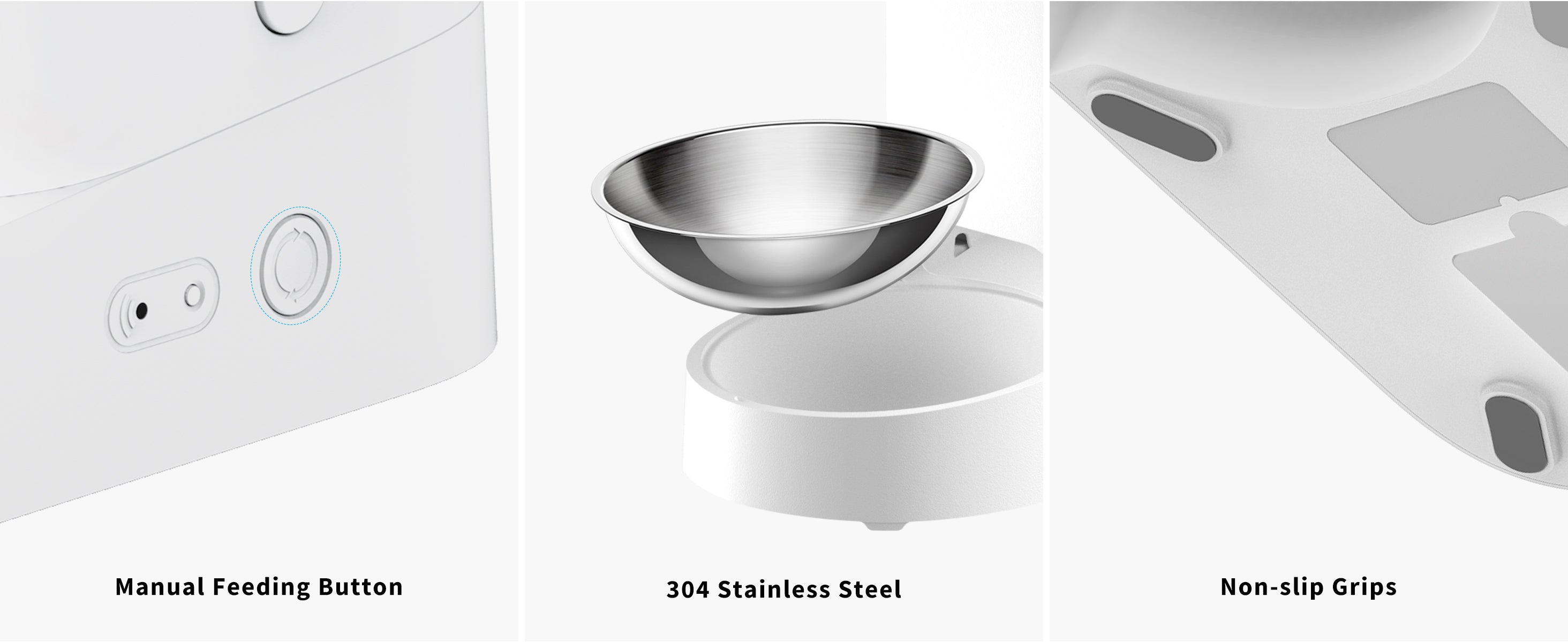 Fresh Element Solo automatic cat feeder features manual feeding, 304 stainless steel parts, and non-slip grips for secure and convenient use