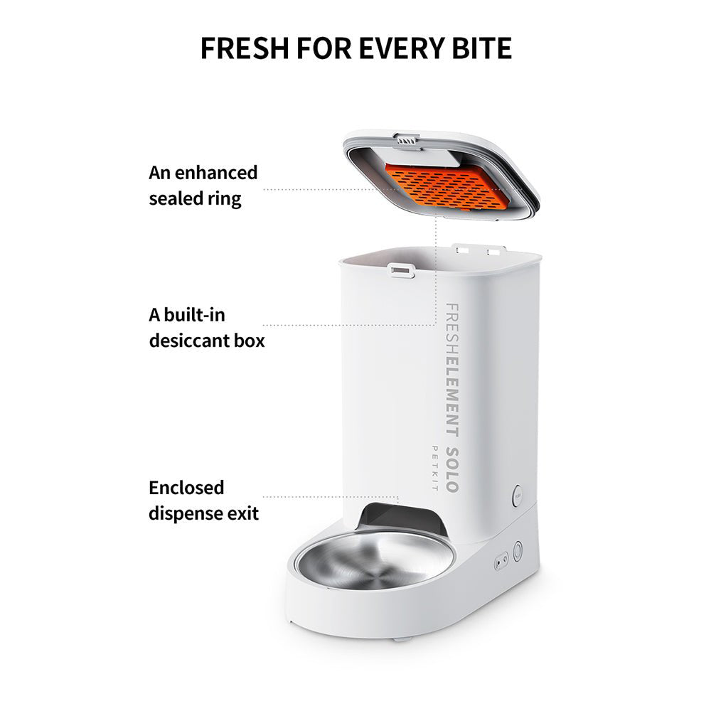 Fresh Element Solo automatic cat feeder features enhanced sealed ring, built-in desiccant box, and enclosed food dispense exit for freshness