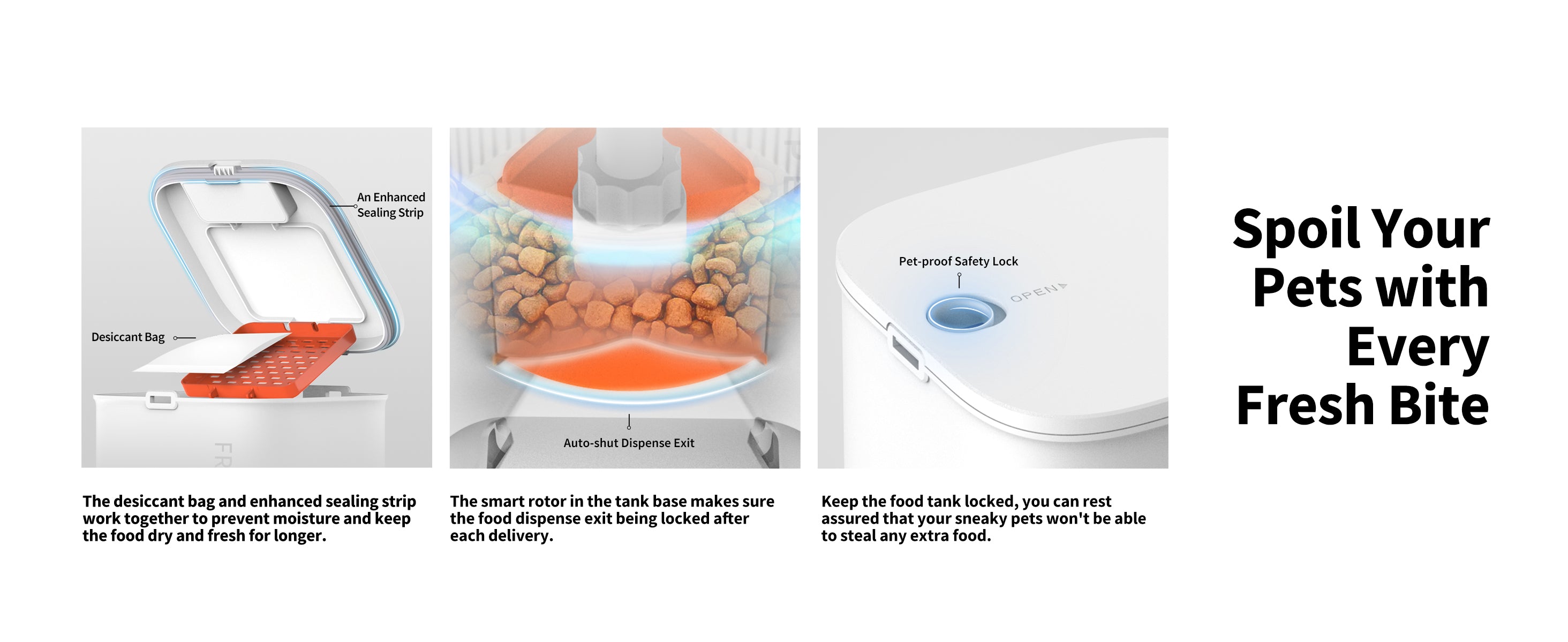 Fresh Element Solo automatic cat feeder desiccant bag and sealing strip keep food fresh and dry while smart rotor locks dispense exit to prevent pets from stealing extra food