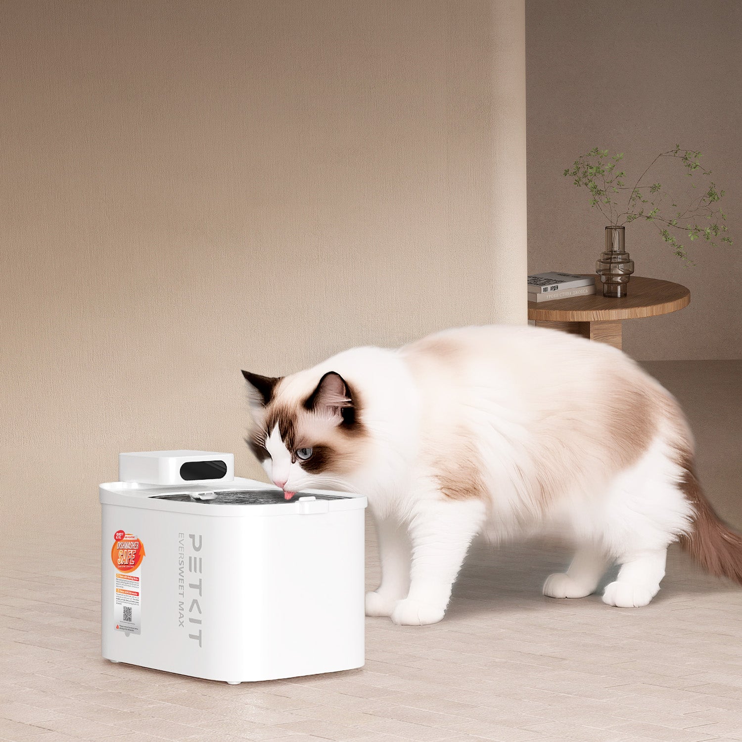 PETKIT EVERSWEET MAX 2 (UVC) cordless water fountain placed in a modern home interior for cats and small dogs.