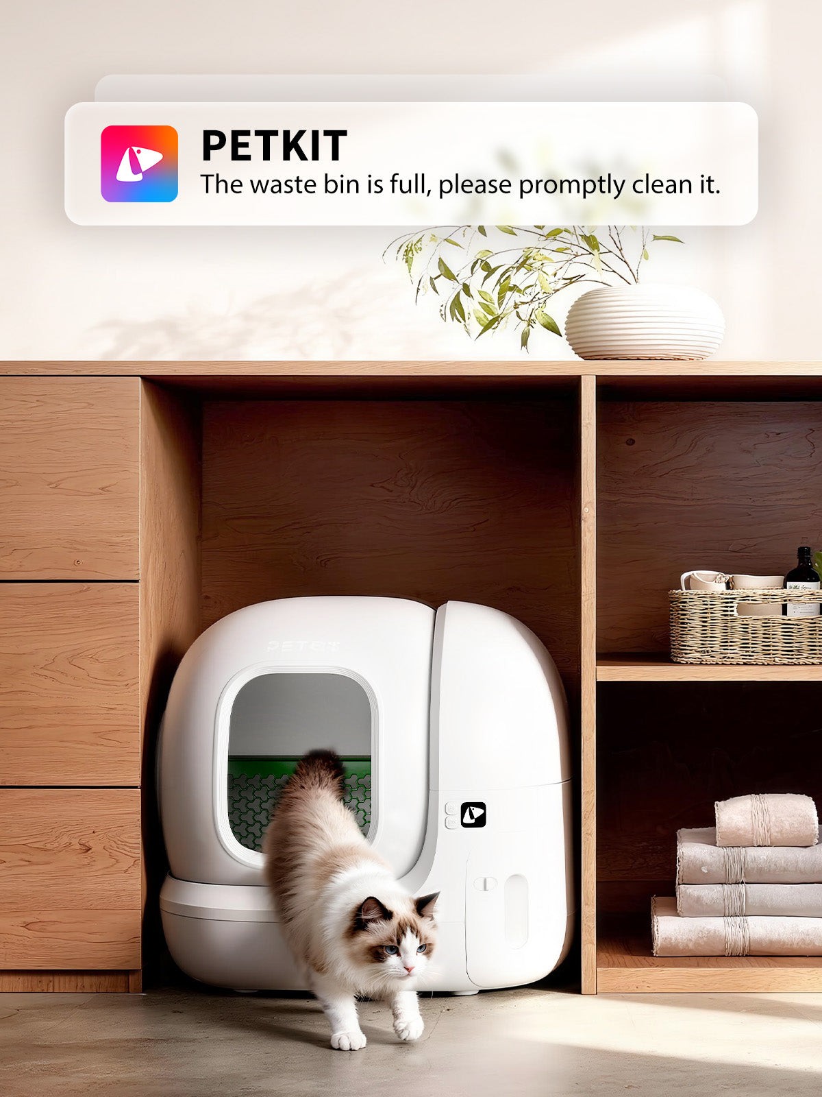 PuraMax 2 Automatic Cat Litter Box controlled through the PETKIT app with one-tap access to smart settings, including cleaning styles and deodorization modes