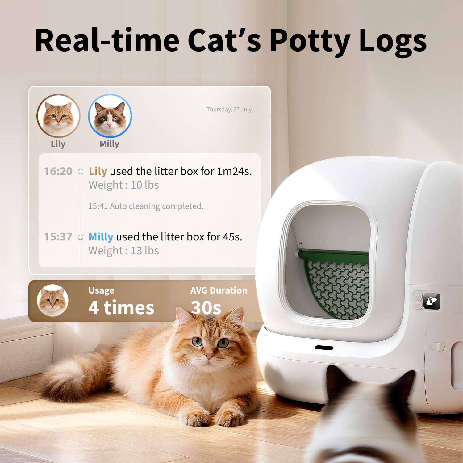 PuraMax 2 Automatic Cat Litter Box real-time potty log tracking shown on the PETKIT app, including visit times and duration