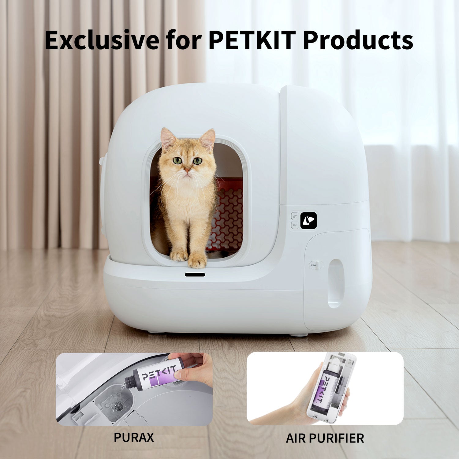Purifying Liquid Refill installed in PETKIT litter box's air purifier, showing cat using the litter box