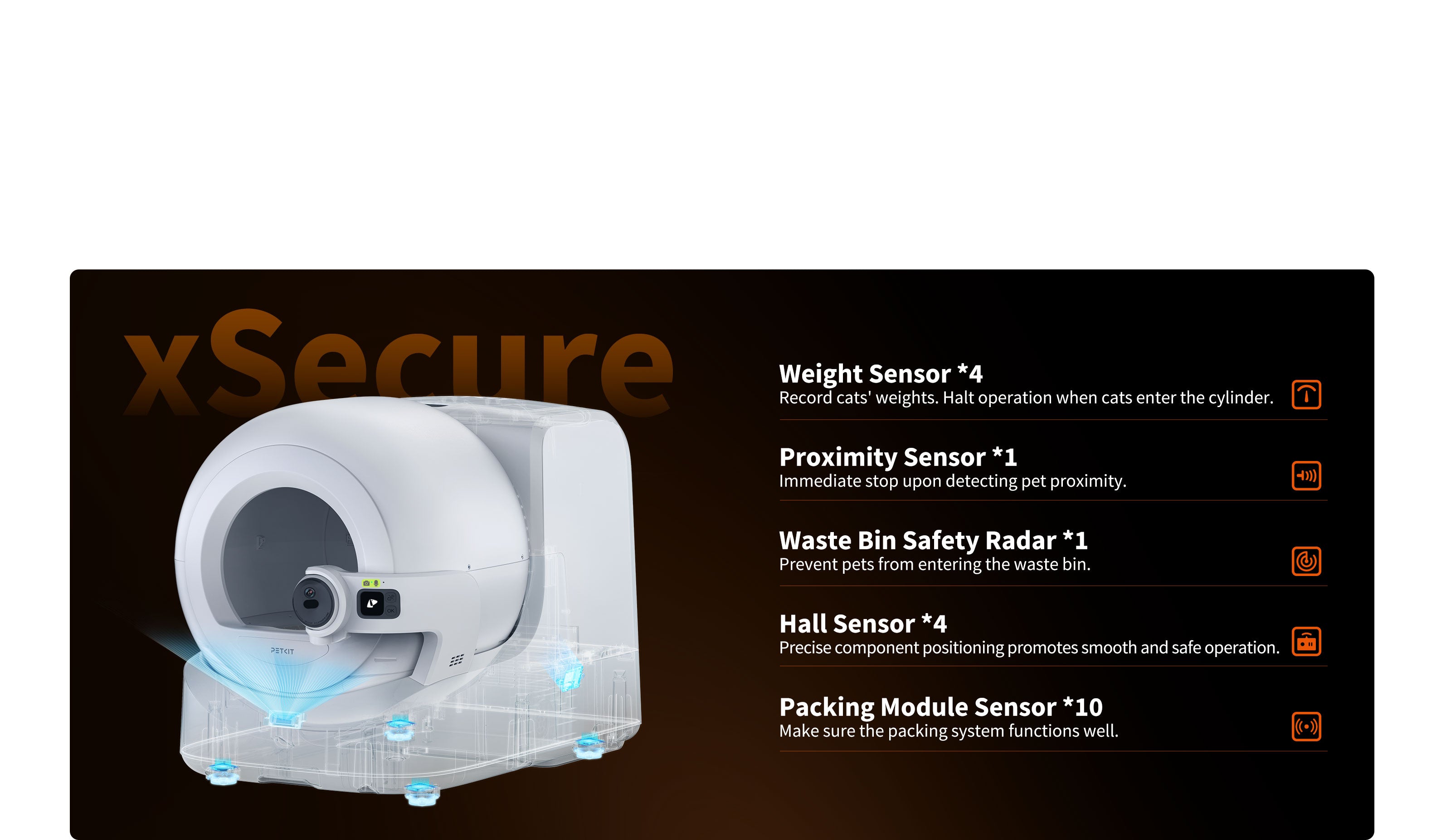 Purobot Ultra Automatic Cat Litter Box xSecure system with 20 high-precision sensors automatically stopping operation when pets are near for maximum safety