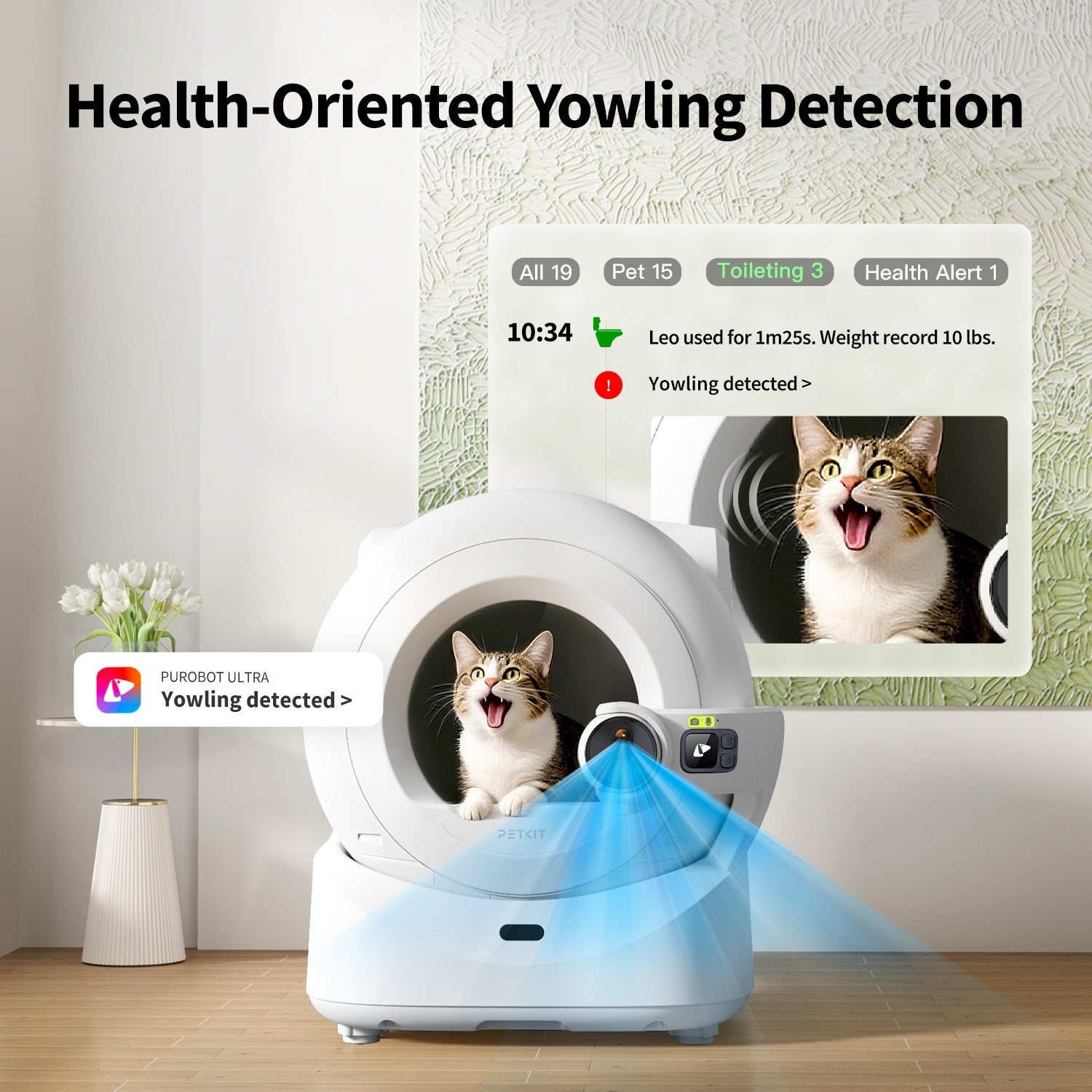 Purobot Ultra Automatic Cat Litter Box detecting yowling behaviors during toileting and showing app timeline for health alerts and proactive care
