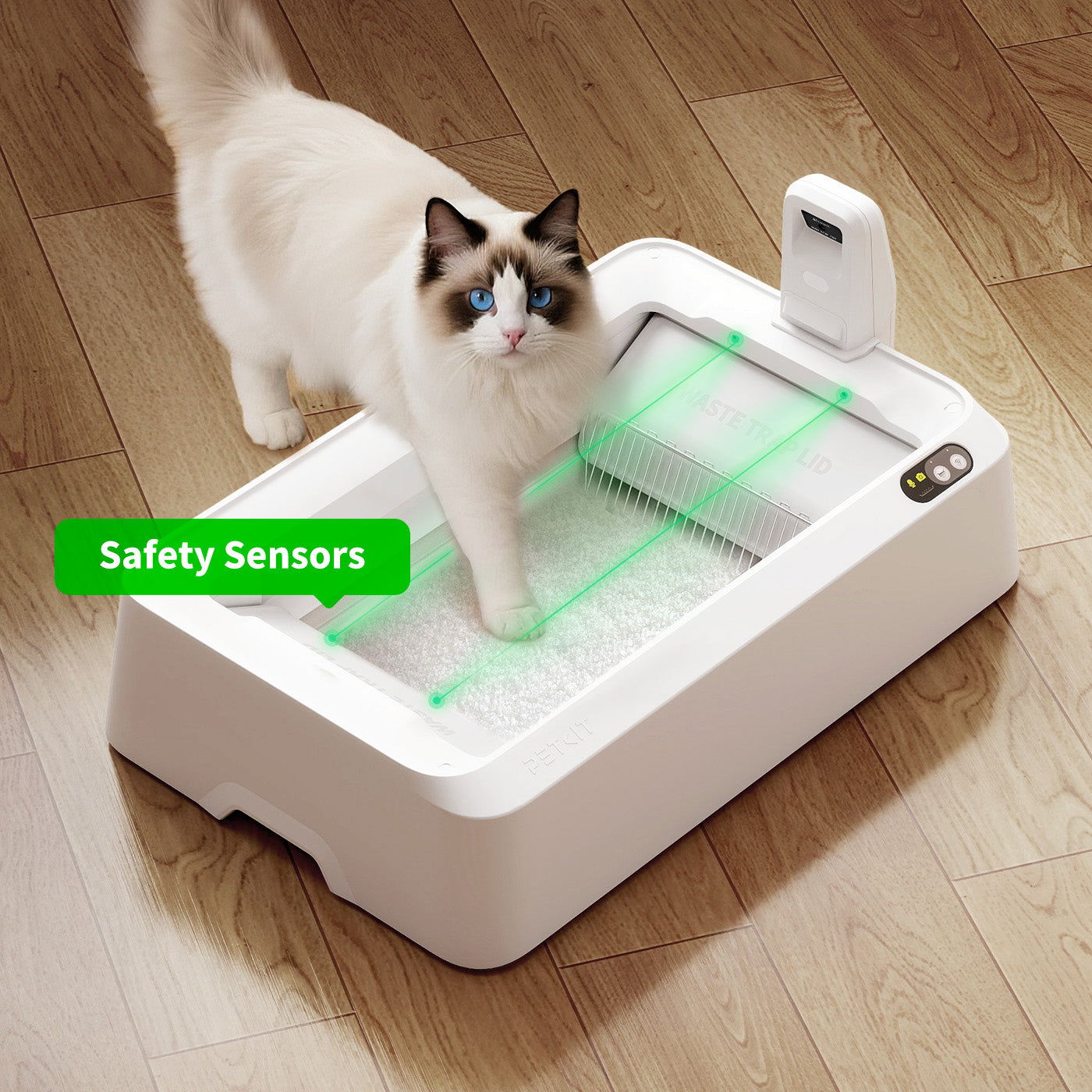 Automatic litter box equipped with safety sensors to protect cats from any pinching risk.