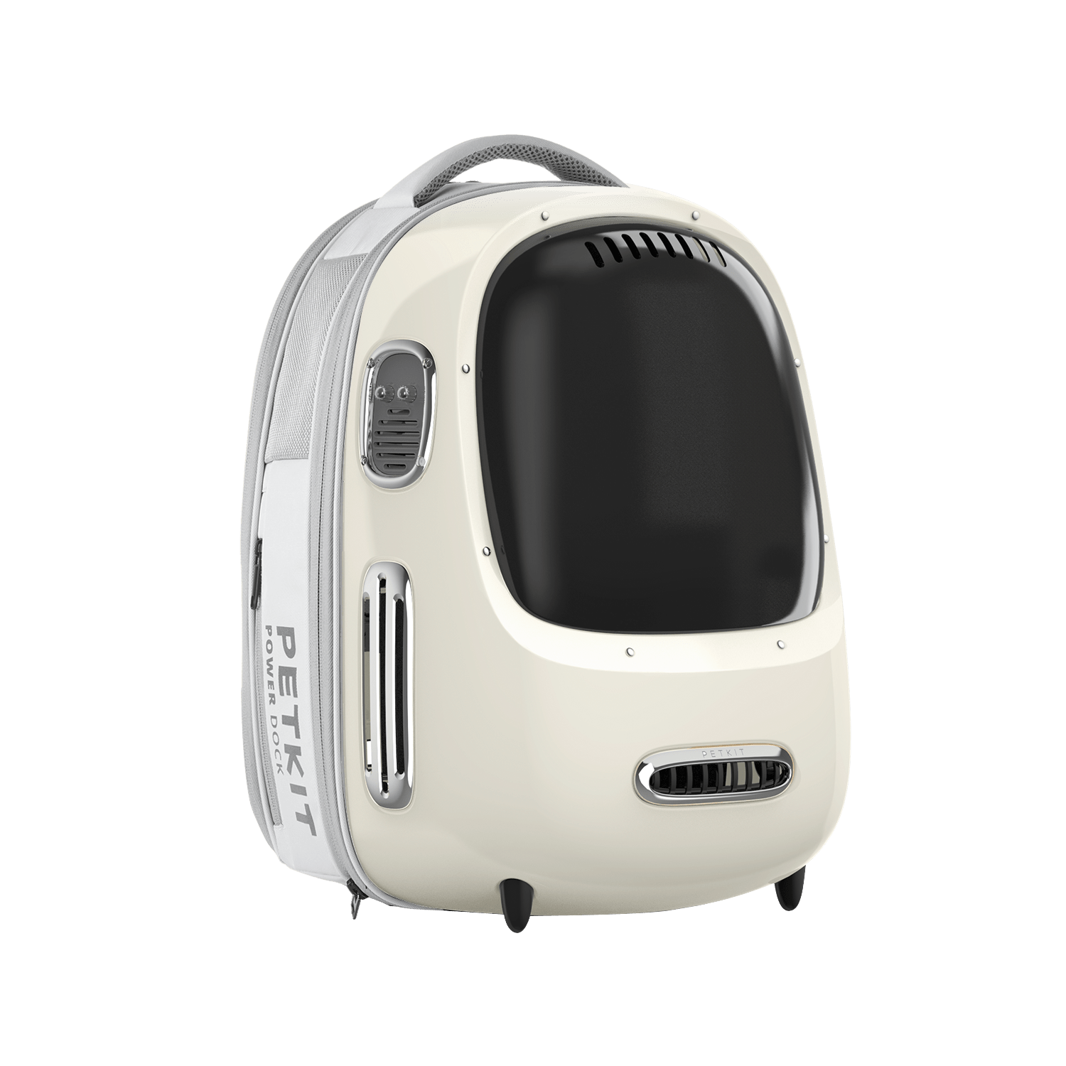 Breezy 2 Cat Carrier in cream white featuring a ventilated dome design with built-in fan and lighting system for breathable and comfortable pet travel