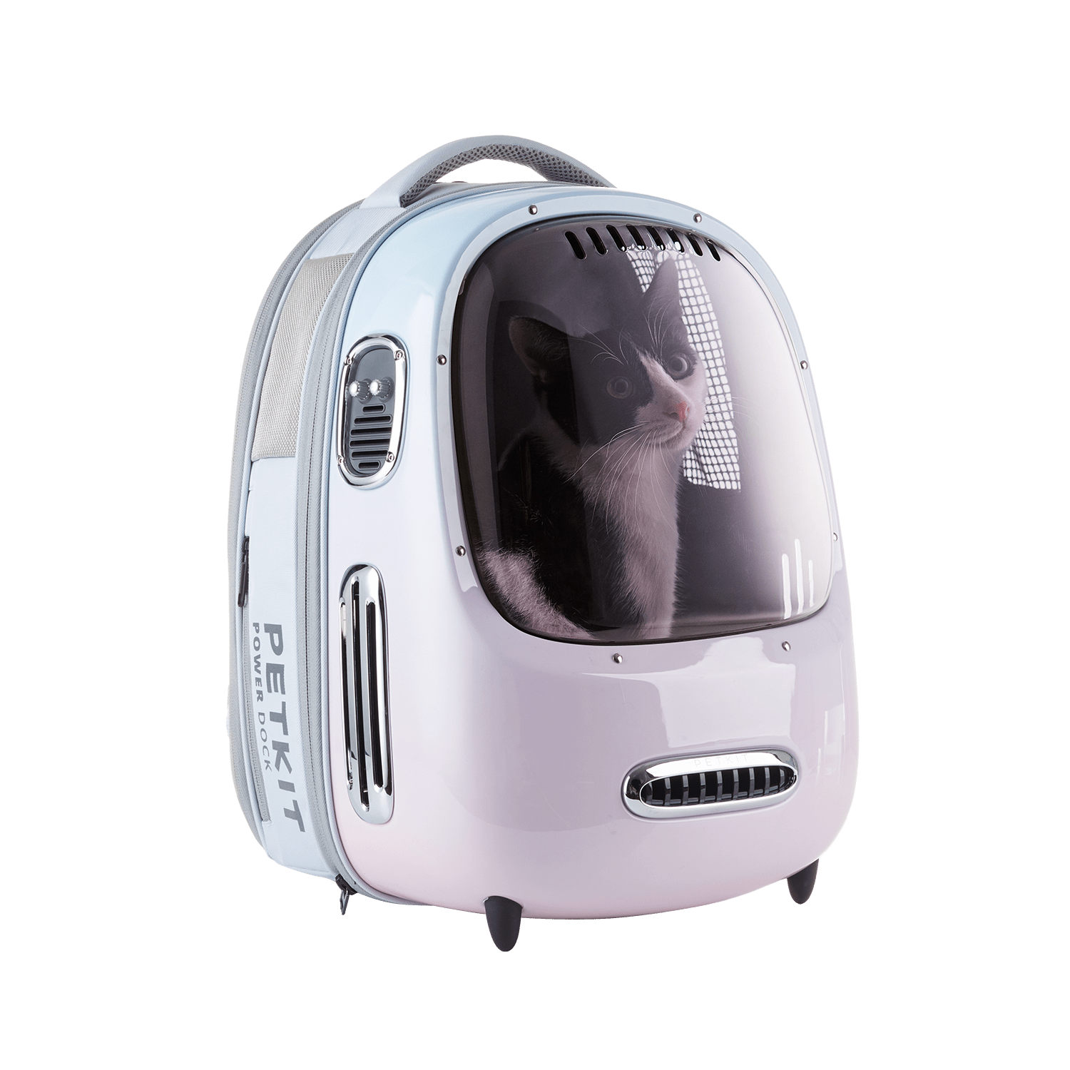 Breezy 2 Cat Carrier in gradient pink blue featuring a ventilated dome design with built-in fan and lighting system for breathable, comfortable outdoor travel