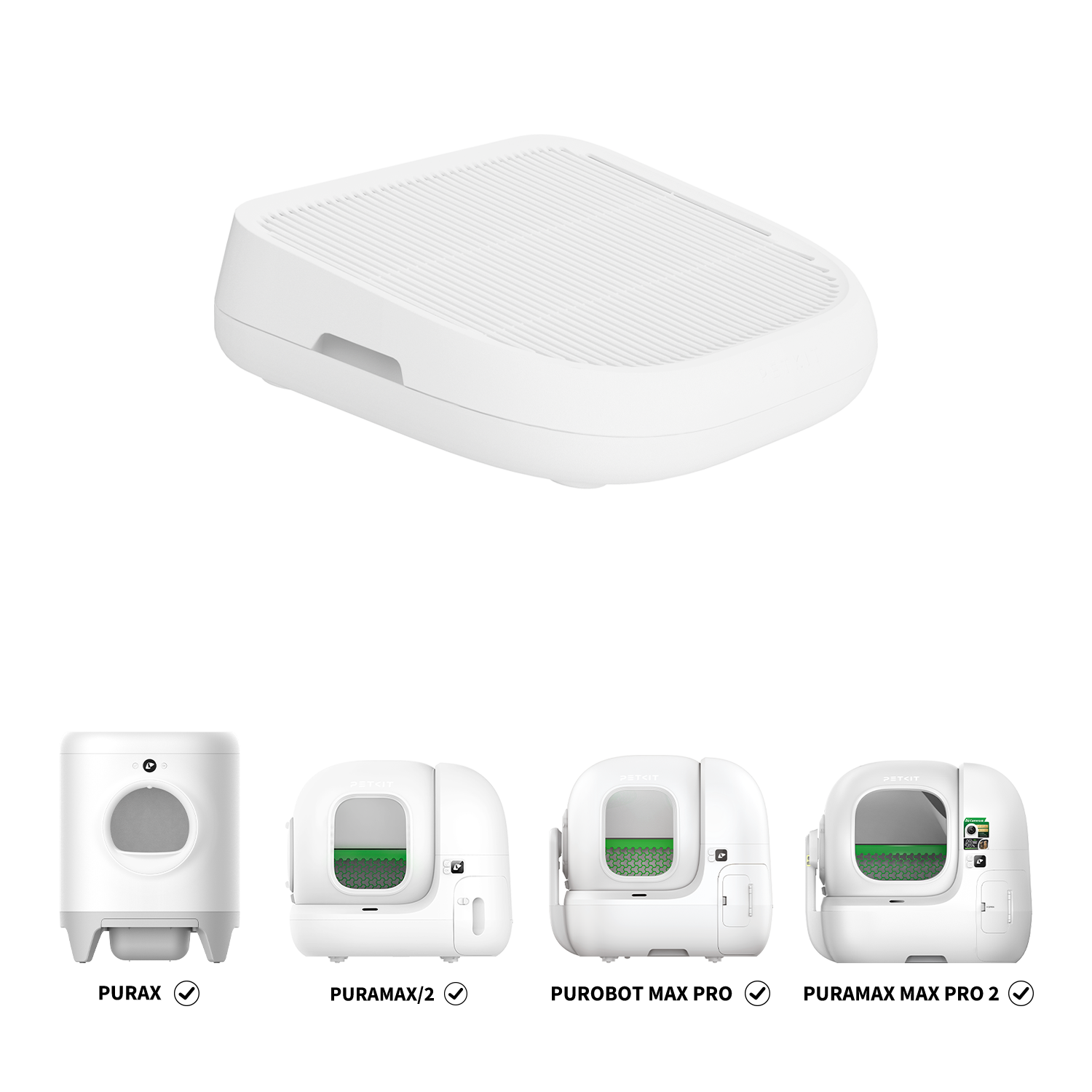 Cat Litter Ramp displayed with compatible PETKIT automatic litter boxes, including PuraX, PuraMax 2, Purobot Max Pro, and Purobot Max Pro 2 Automatic Litter Box