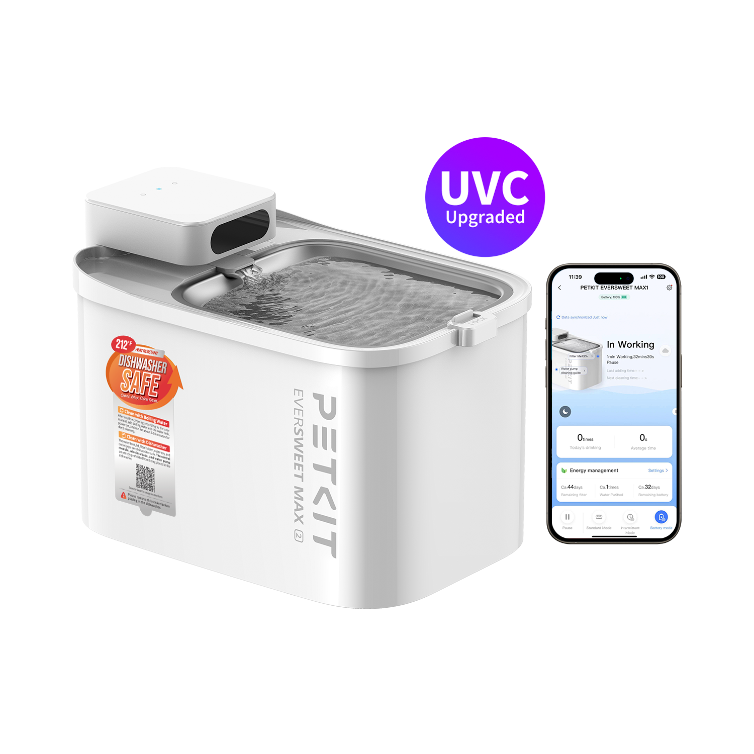 PETKIT EVERSWEET MAX 2 (UVC) cordless pet water fountain with PETKIT App connection shown on smartphone.