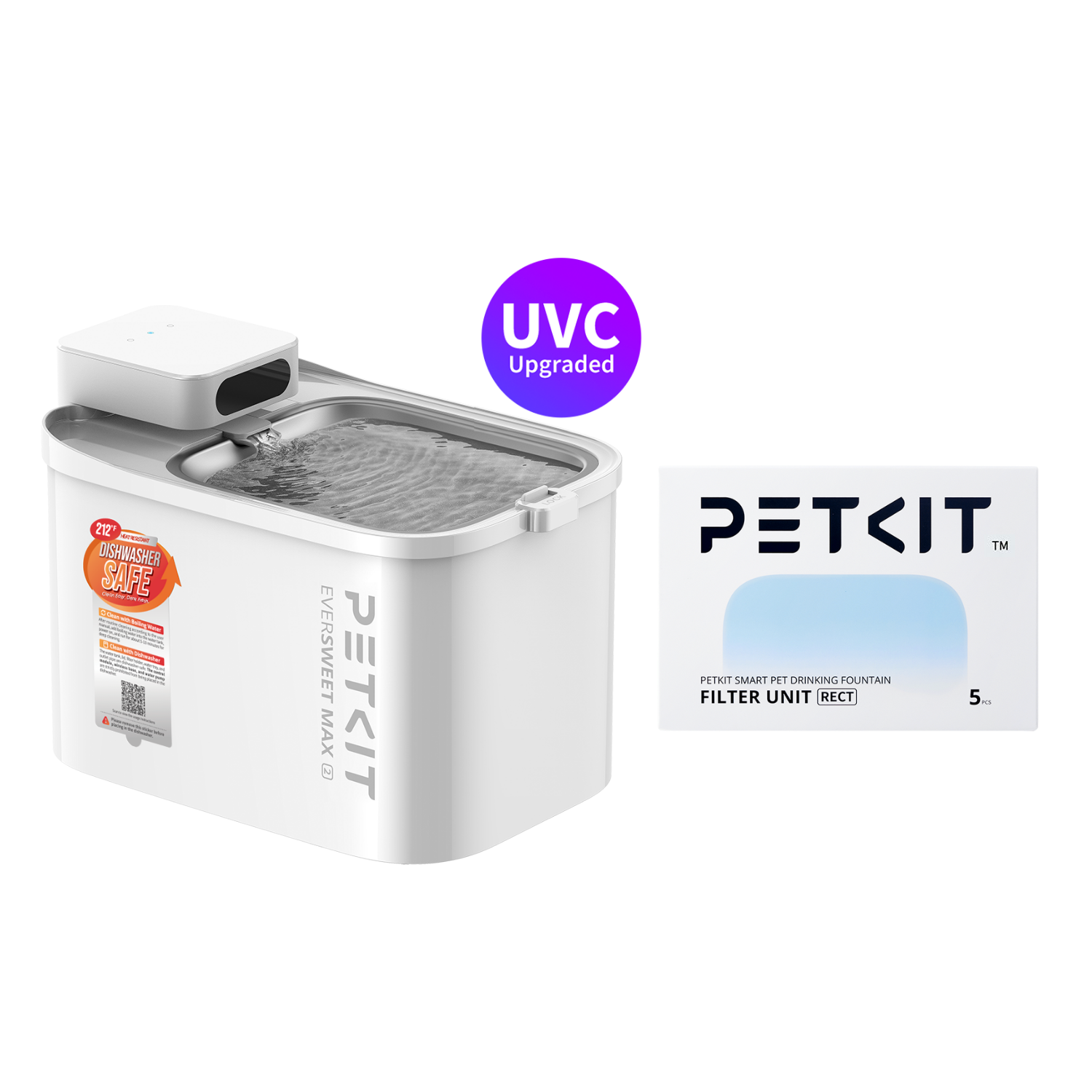 EverSweet Max 2 UVC pet water fountain paired with rectangular filter unit pack of five pieces