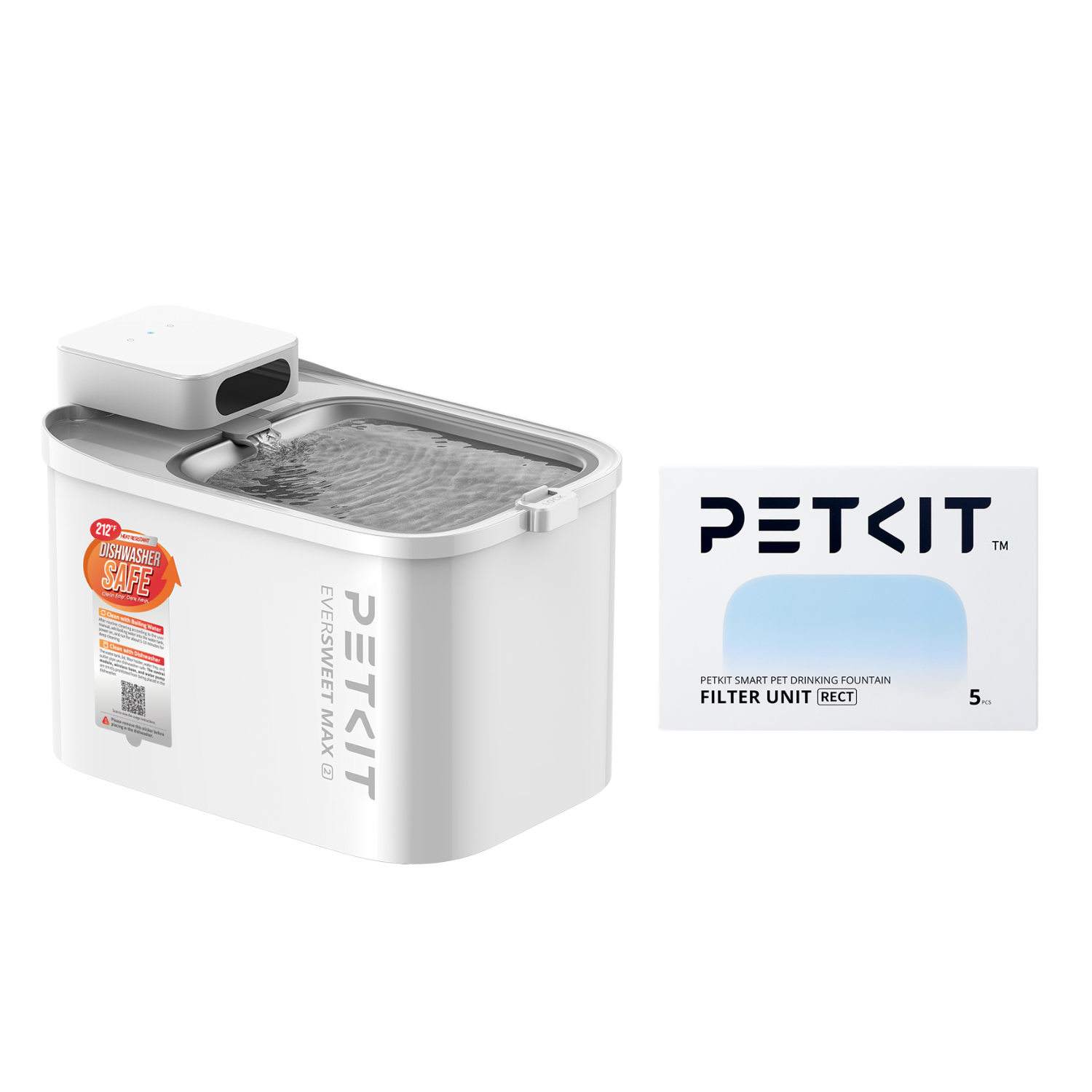 EverSweet Max 2 pet water fountain paired with rectangular filter unit pack of five pieces