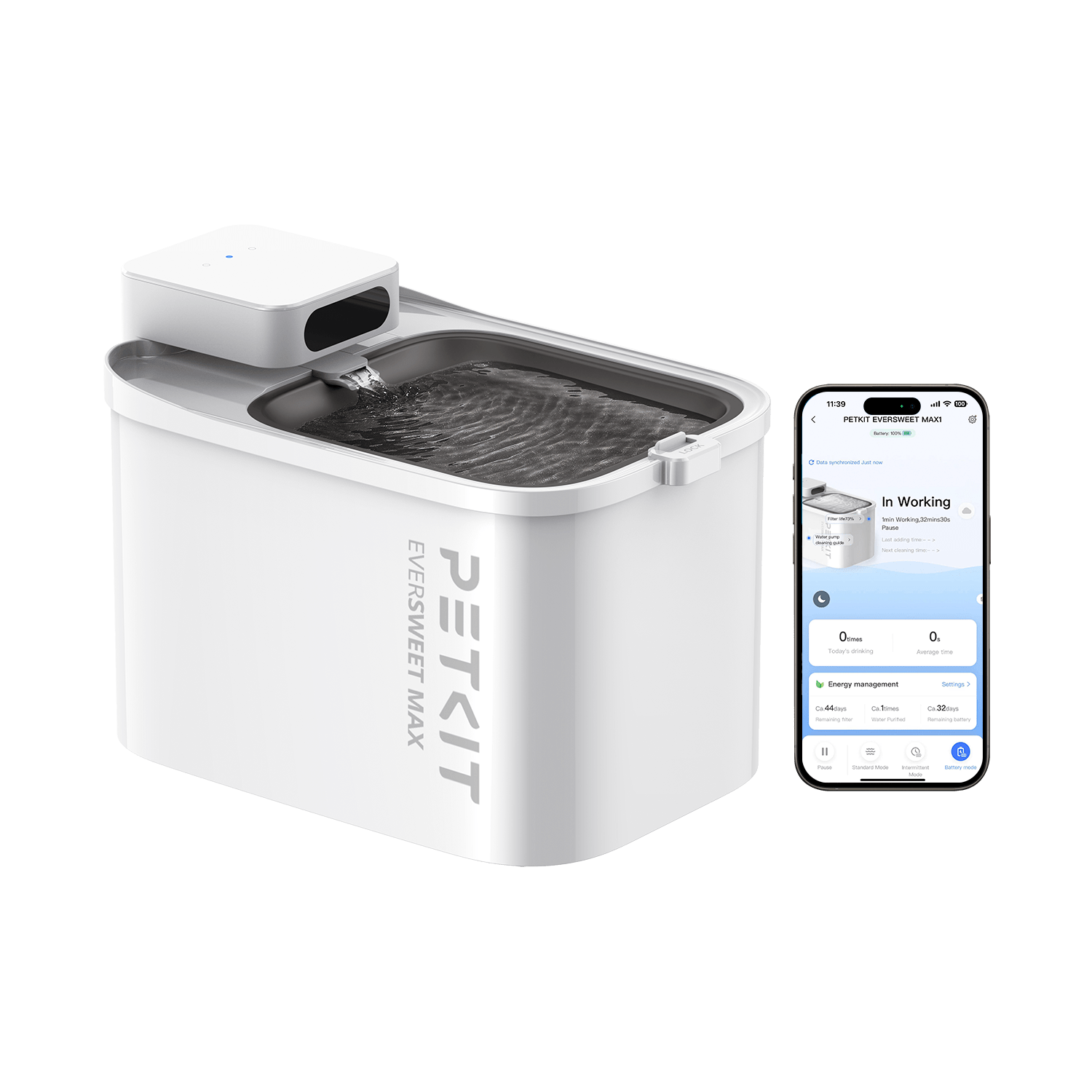 EverSweet Max cordless pet water fountain with mobile app interface showing remote control