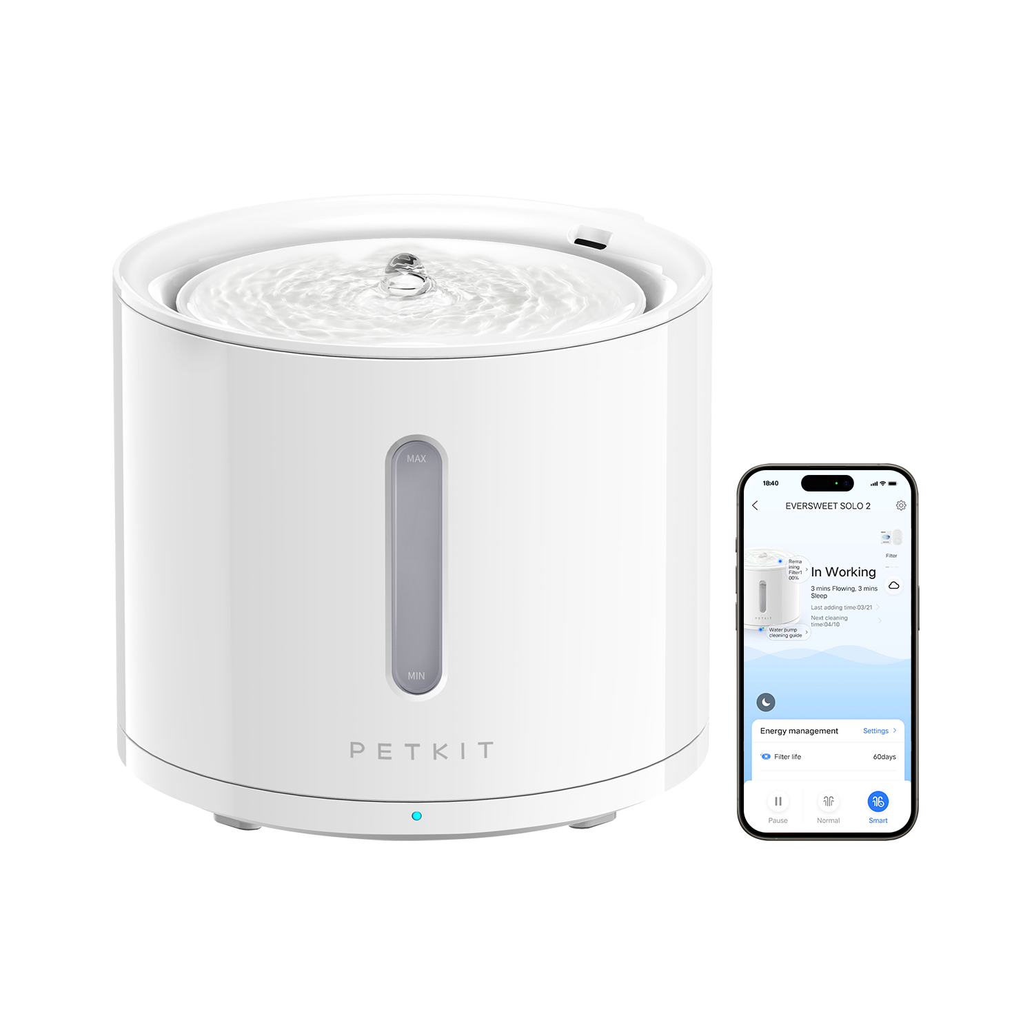 EverSweet Solo 2 Pet Water Fountain shown with a mobile app interface indicating remote control functionality