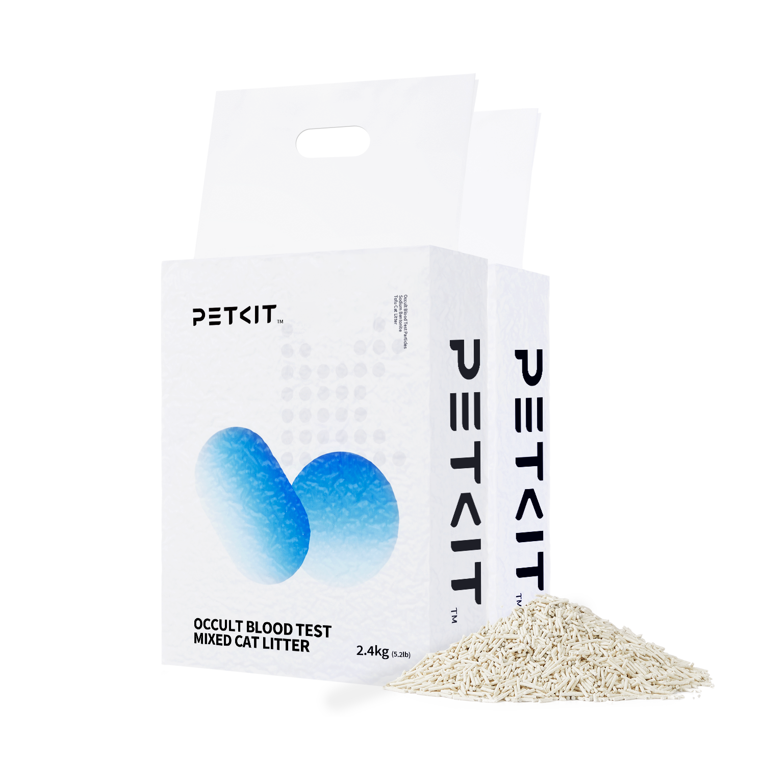 Occult Blood Test Mixed Cat Litter 2 bags with small piles showing natural granule appearance and texture