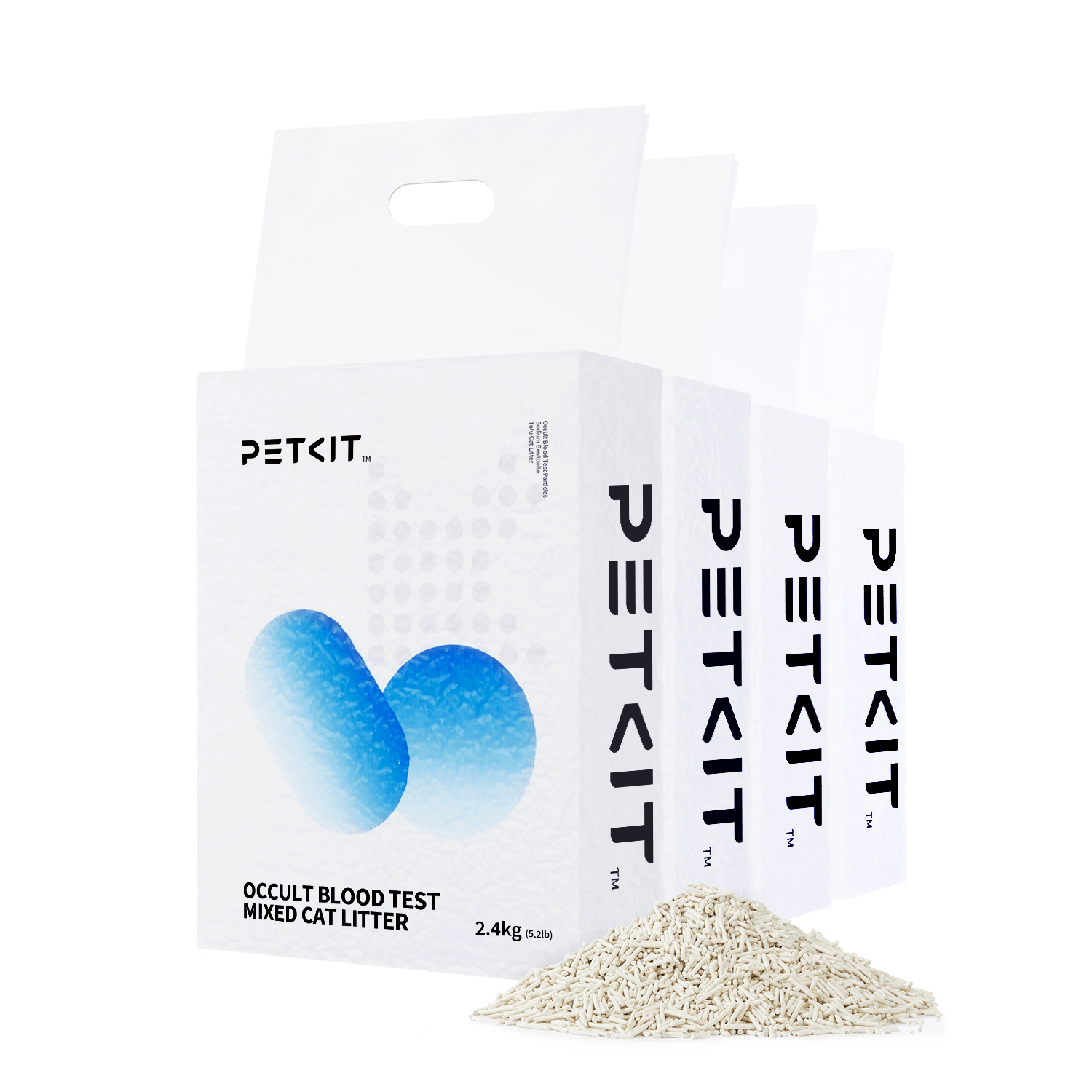 Occult Blood Test Mixed Cat Litter 4 bags with small piles showing natural granule appearance and texture