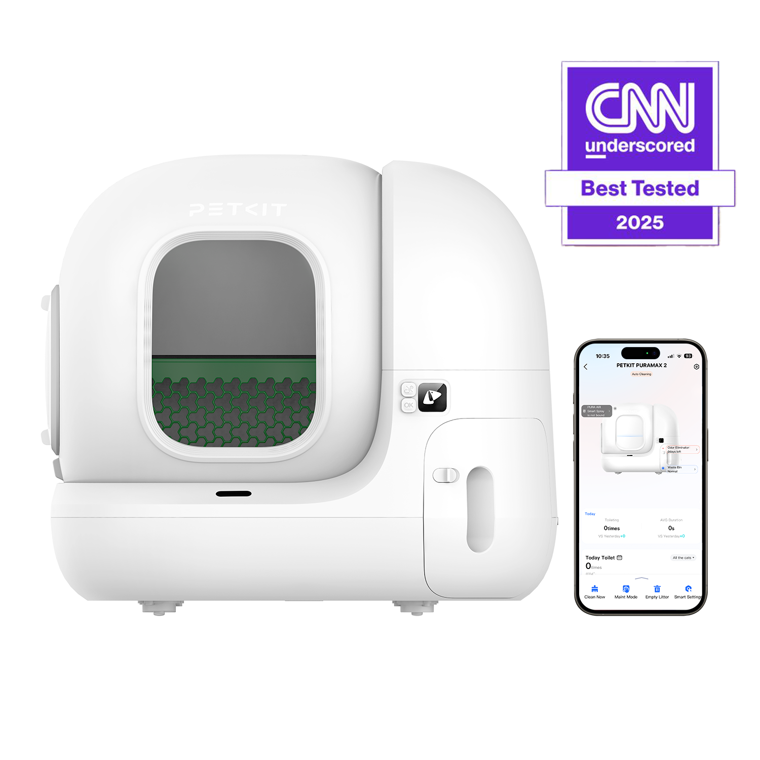 PuraMax 2 Automatic Cat Litter Box with smartphone app control, showing real-time operation and easy remote management