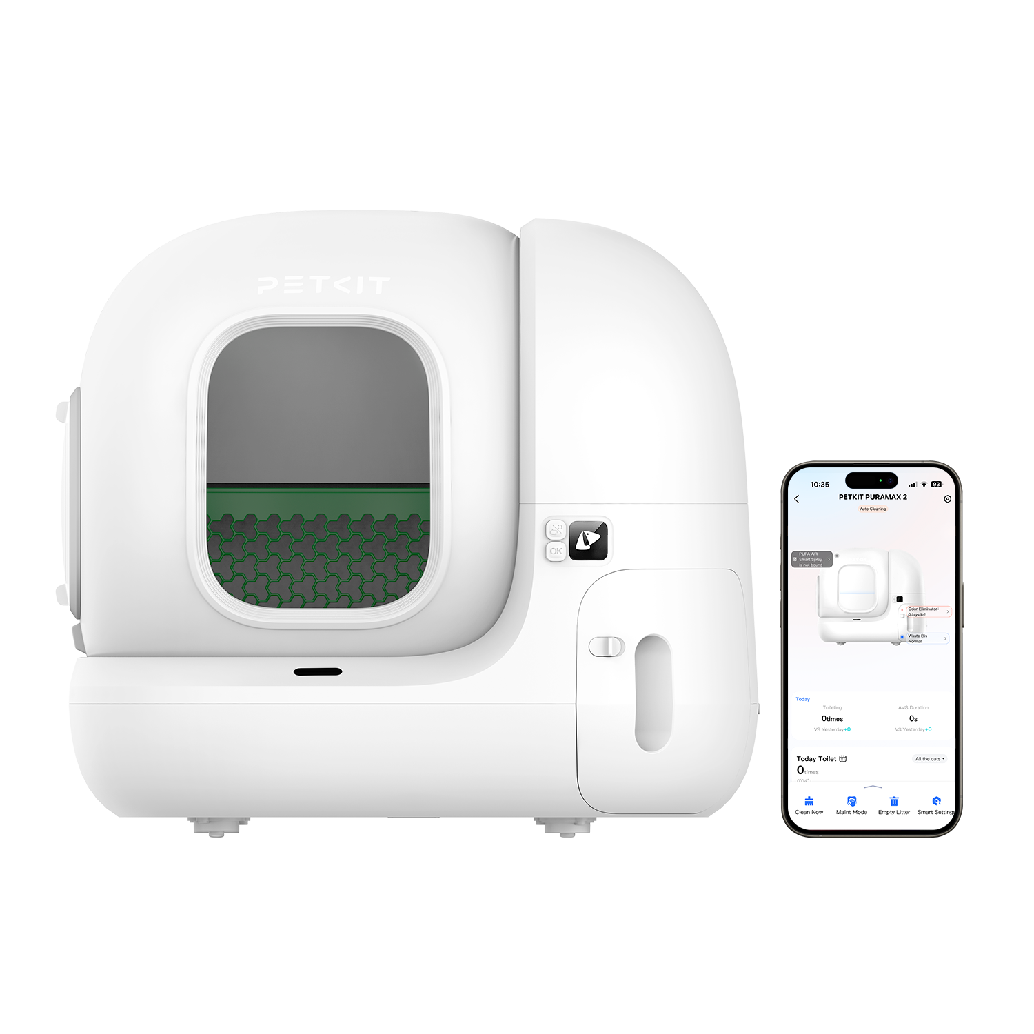 PuraMax 2 Automatic Cat Litter Box with PETKIT app interface showing smart connection and remote control functions