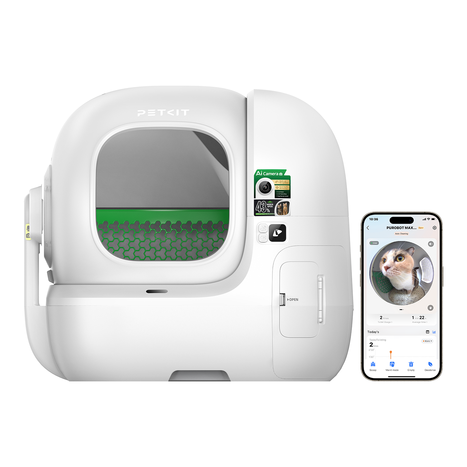 PUROBOT MAX PRO 2 automatic cat litter box with PETKIT app displayed on smartphone