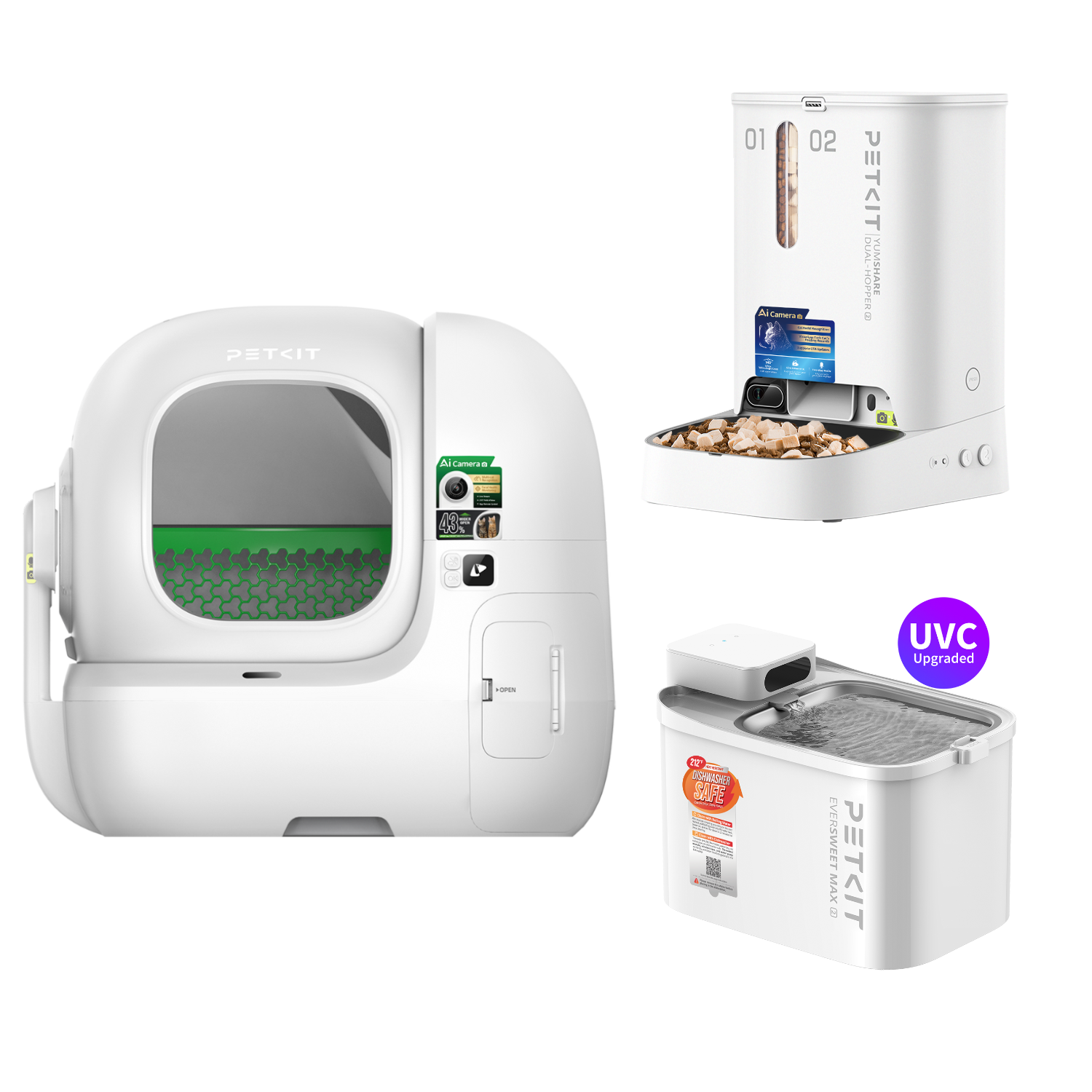 Bundle including Purobot Max Pro 2 automatic cat litter box, YumShare Dual-hopper 2 smart pet feeder, and EverSweet Max 2 UVC pet water fountain