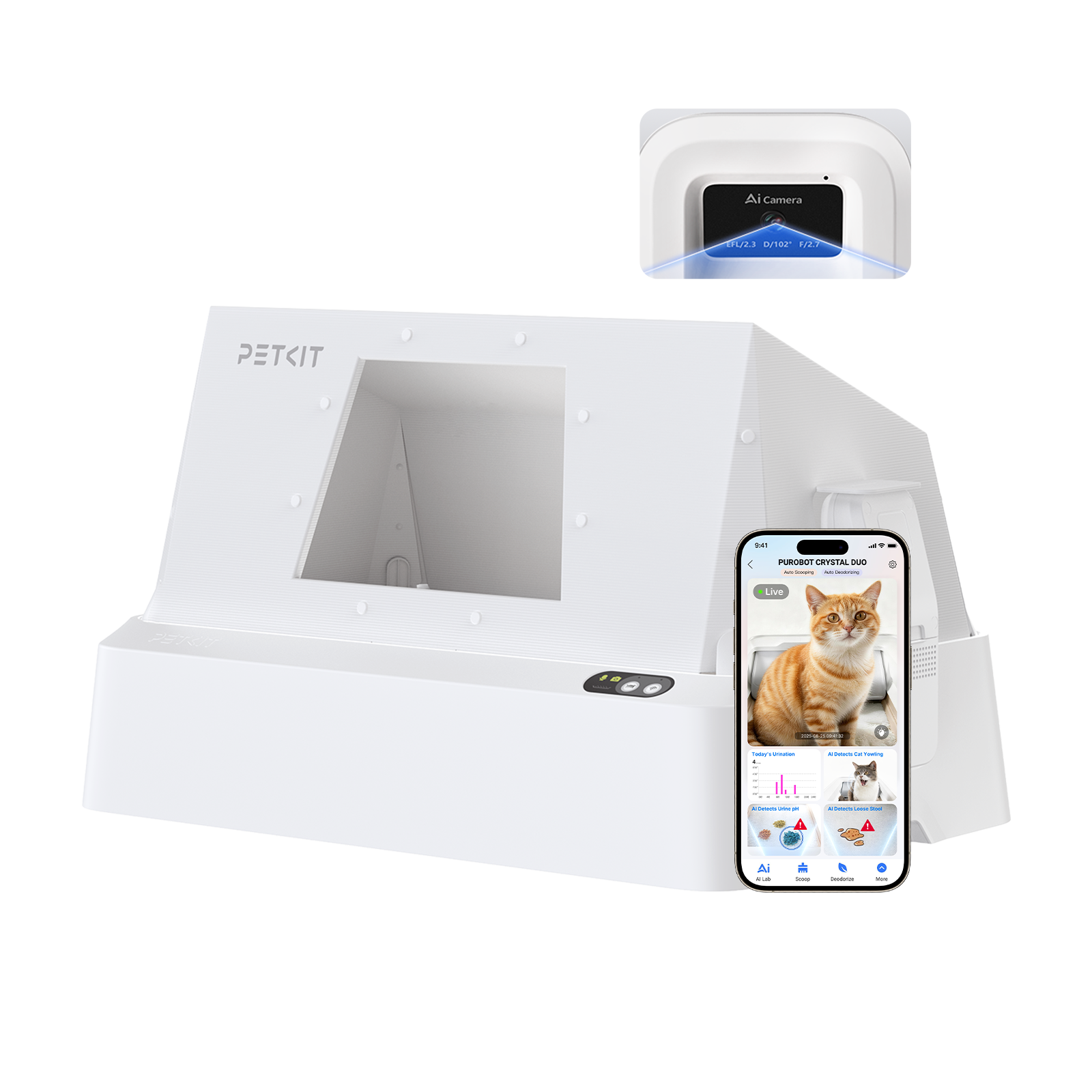 PETKIT pet product with smartphone app interface on a white background