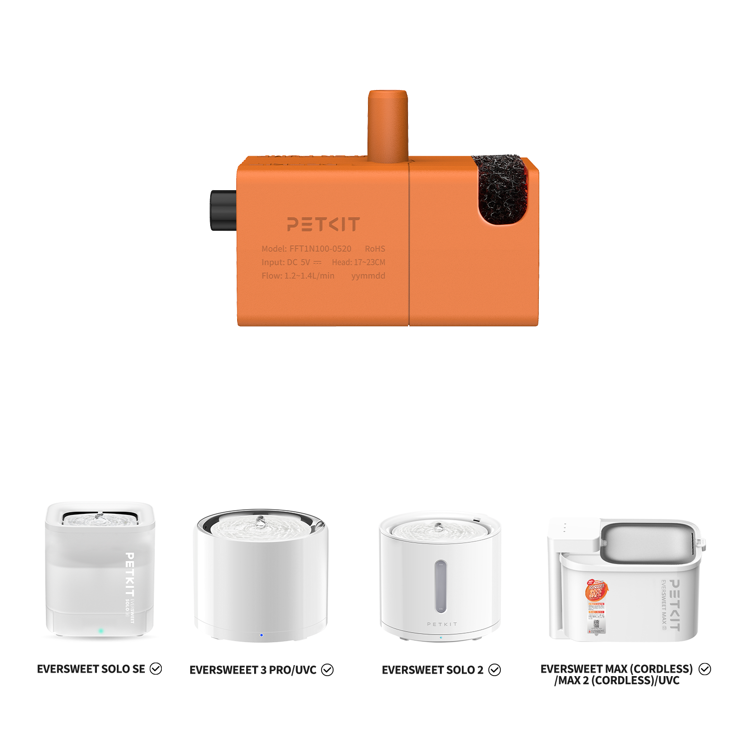 Wireless water pump FFT1-2 compatible with PETKIT EverSweet SOLO 2, 3 PRO, MAX (CORDLESS), MAX 2 (CORDLESS)/UVC fountains