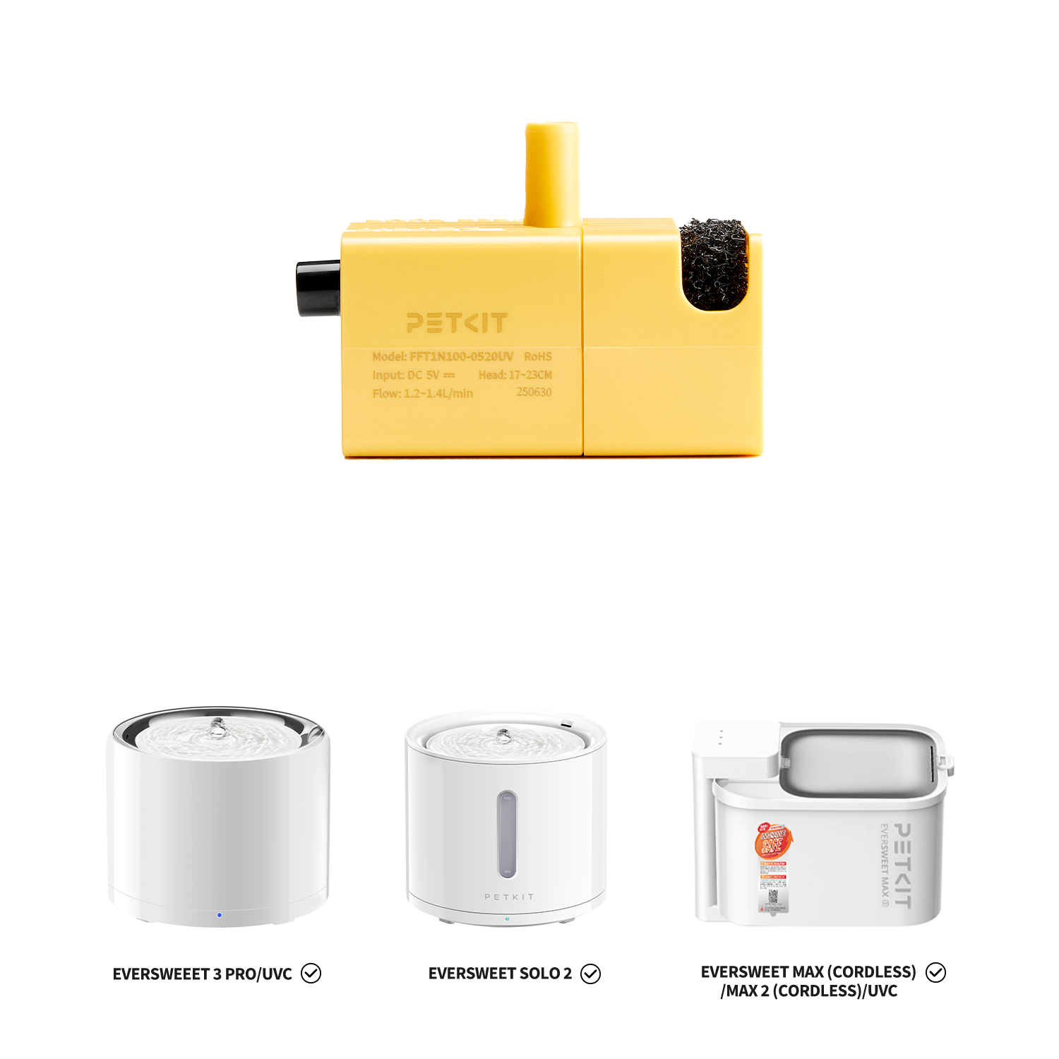 Wireless water pump FFT1-2 UVC compatible with PETKIT EverSweet SOLO 2, 3 PRO, MAX (CORDLESS), MAX 2 (CORDLESS)/UVC fountains