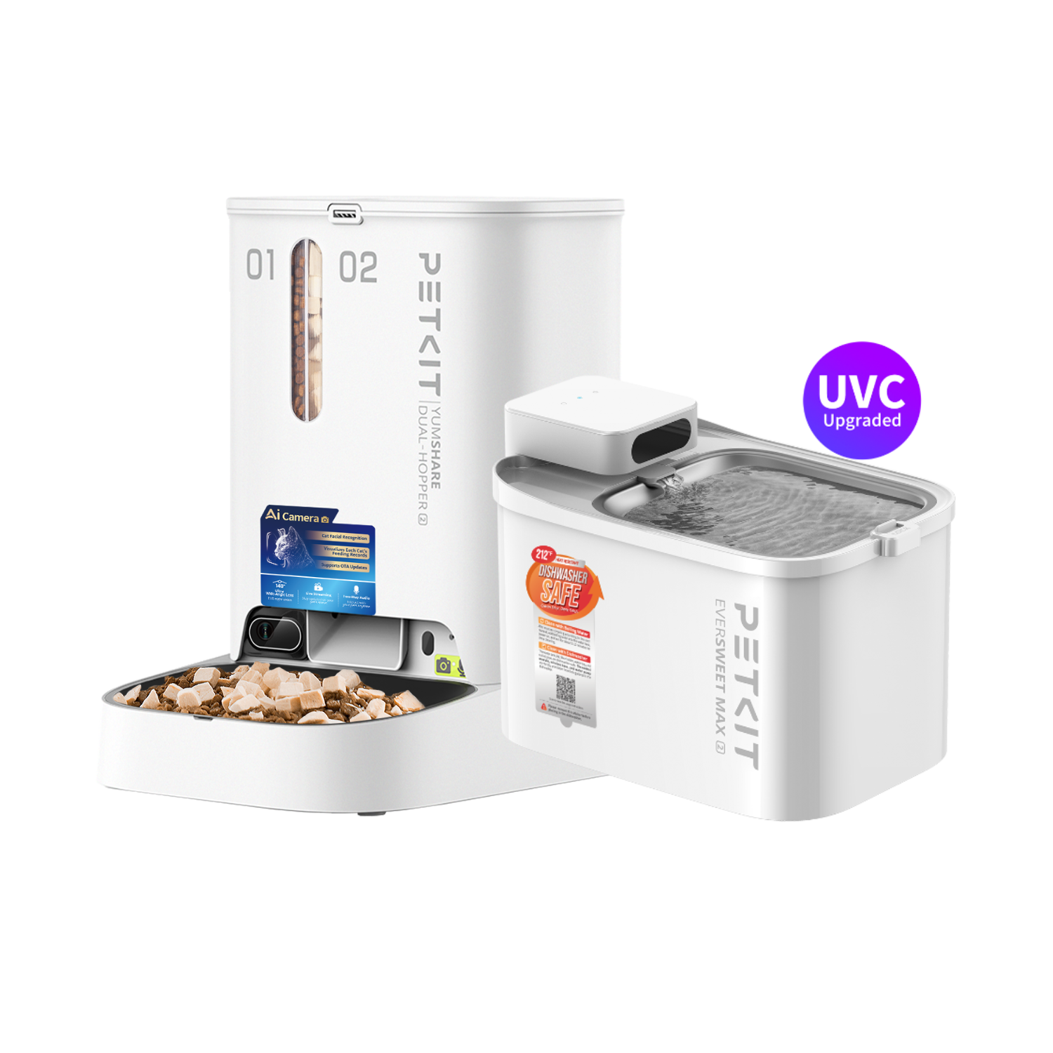 YumShare Dual-hopper 2 smart pet feeder paired with EverSweet Max 2 UVC cordless pet water fountain