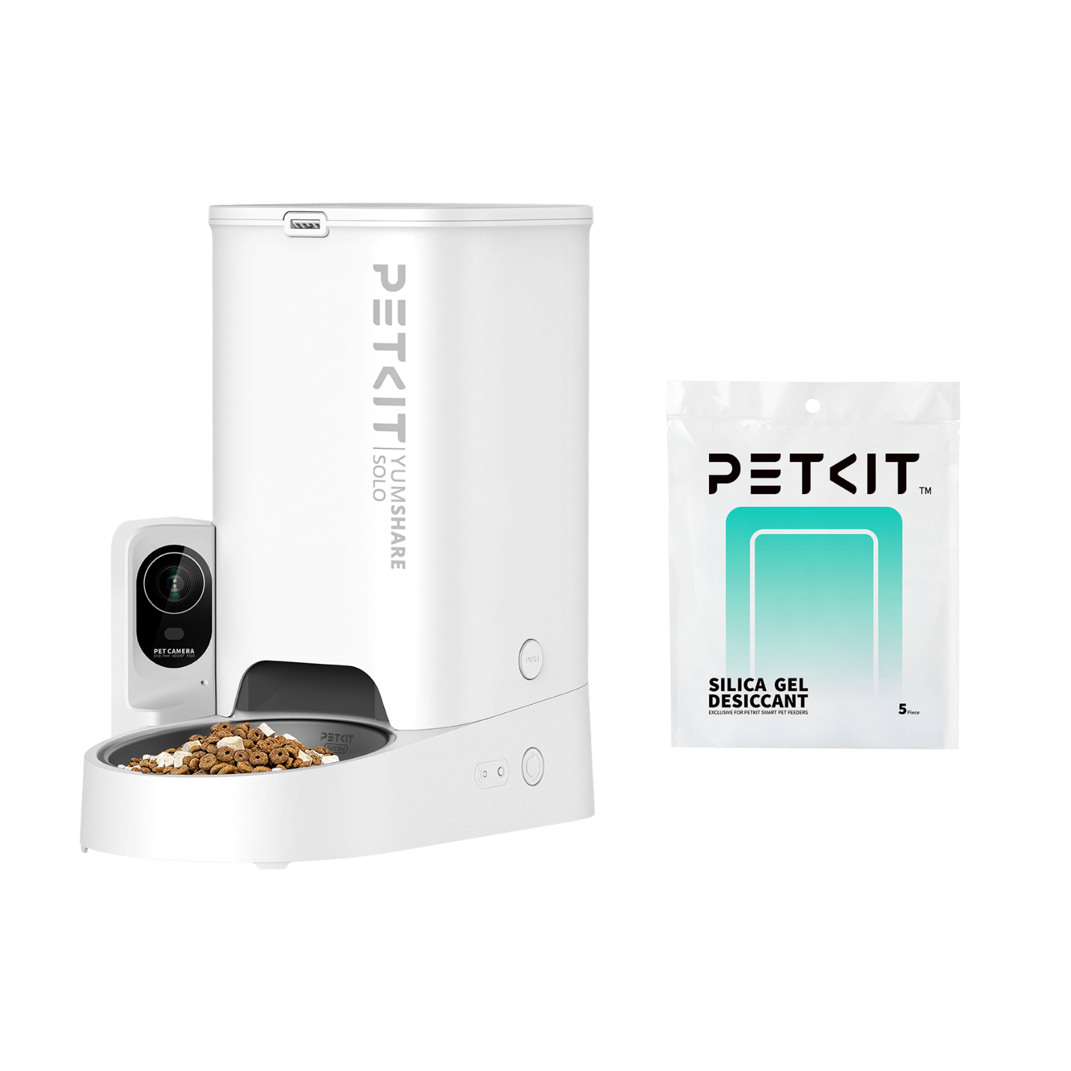 PETKIT YumShare Solo with camera automatic cat feeder paired with PETKIT desiccant packs, showing the complete freshness bundle set